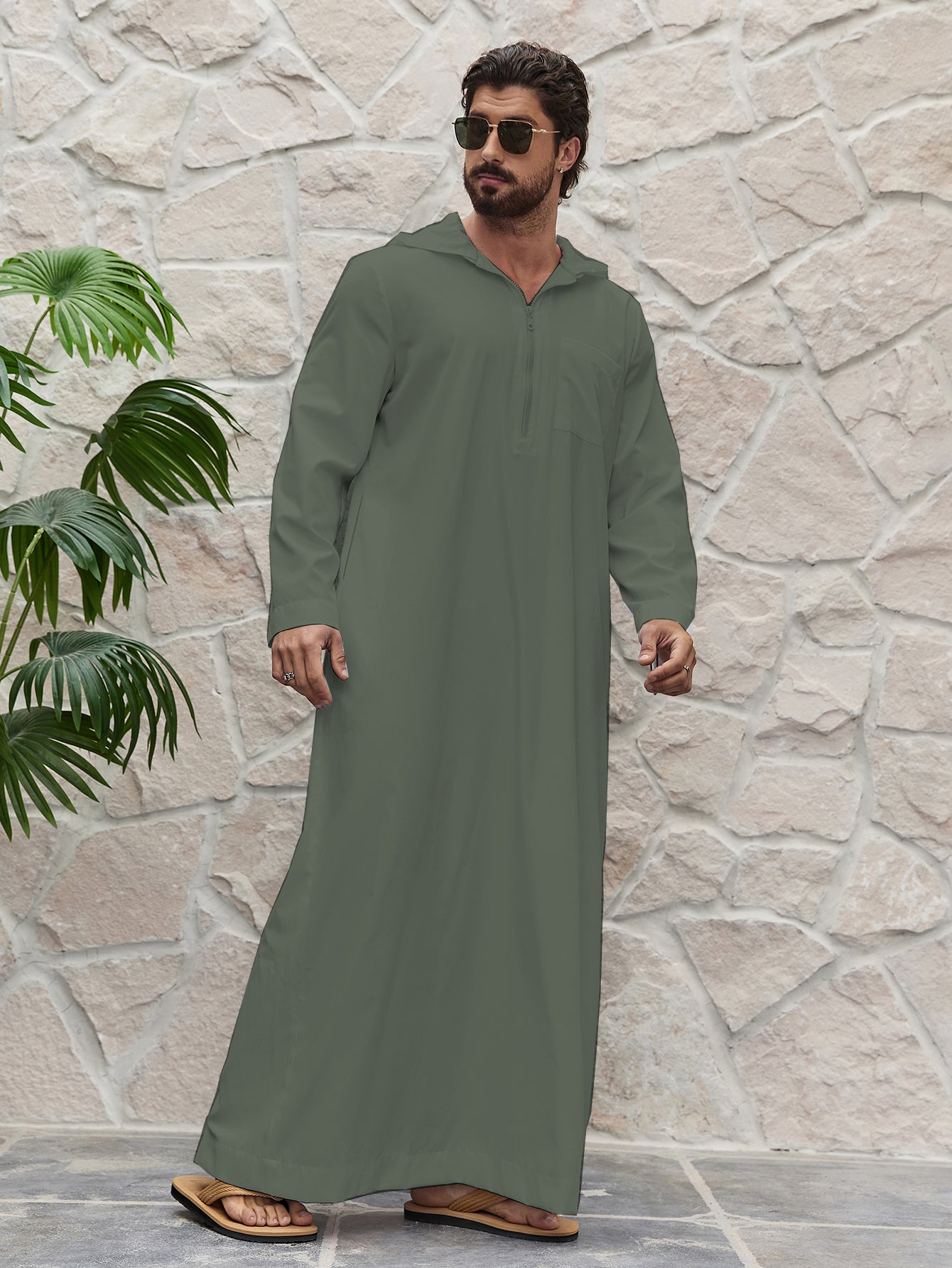 Ramadan Men's Solid Hooded Muslim Thobe, Islamic Long Gown Shirt Robe, Middle Eastern Fashion Abaya Muslim Men Clothing MSL198