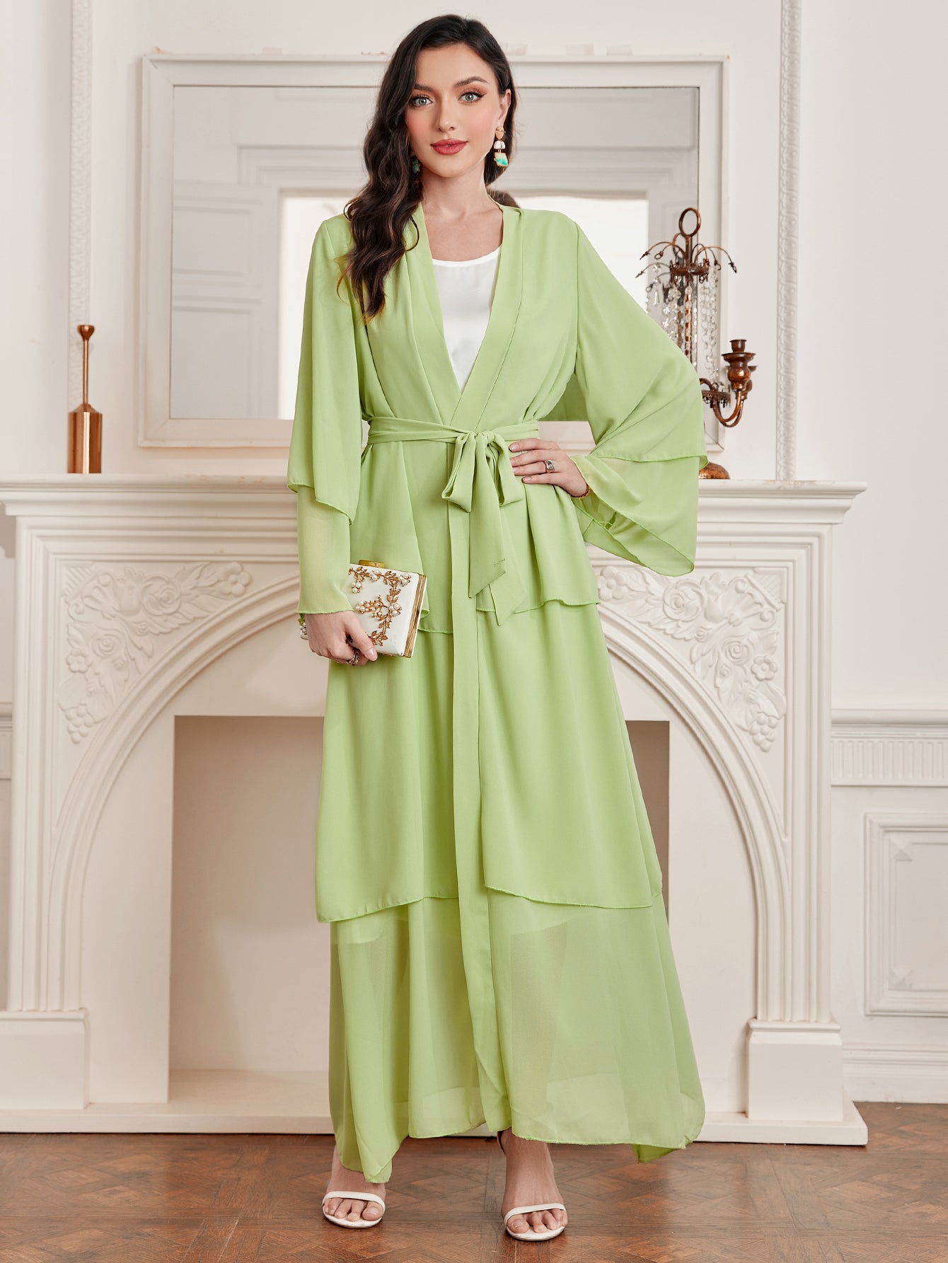 Ramadan kebaya Layered Open Front Abaya, Long Sleeve Dress With Belted , Without Hijab, Women's Clothing MSL1