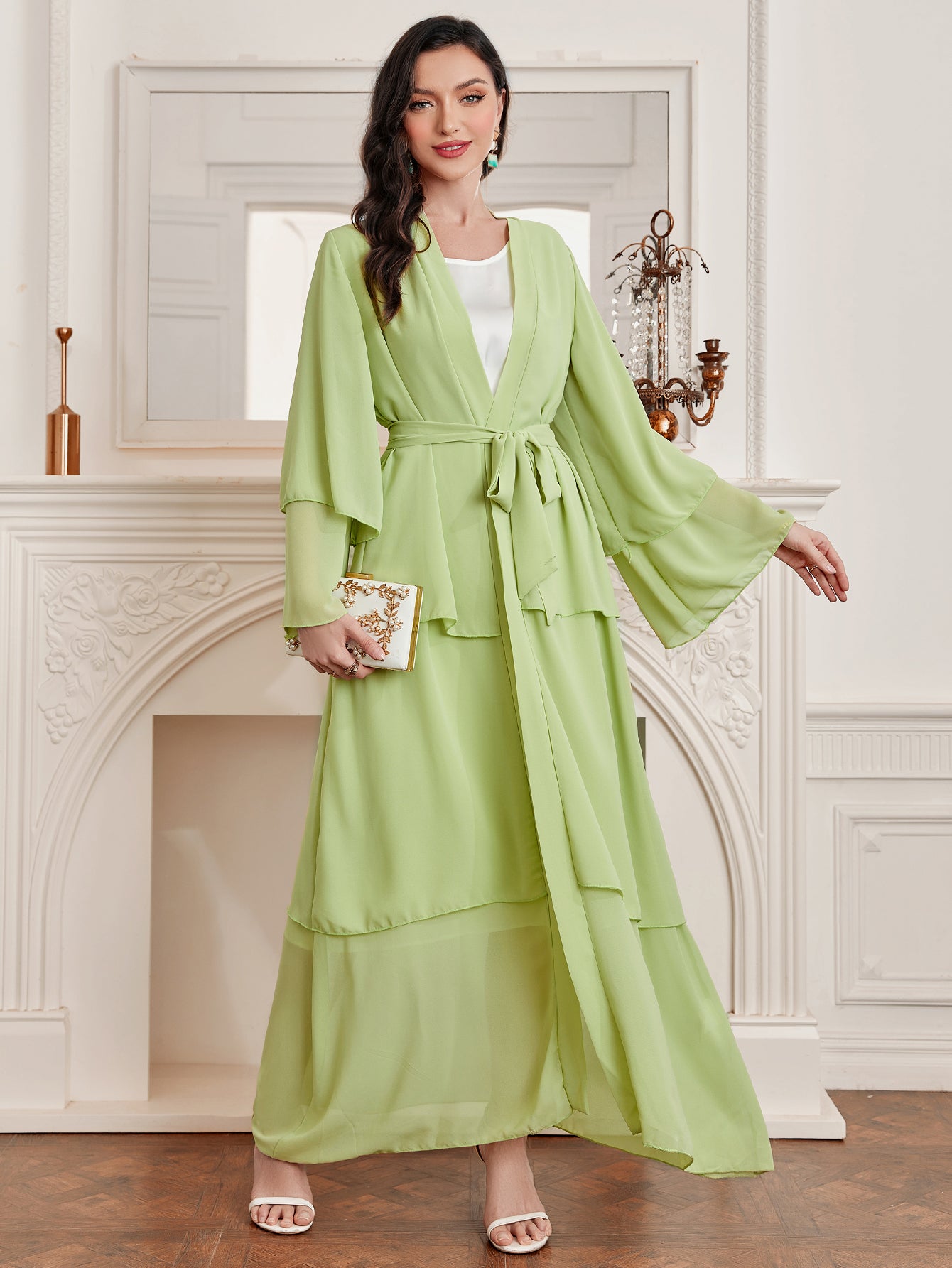 Ramadan kebaya Layered Open Front Abaya, Long Sleeve Dress With Belted , Without Hijab, Women's Clothing MSL1