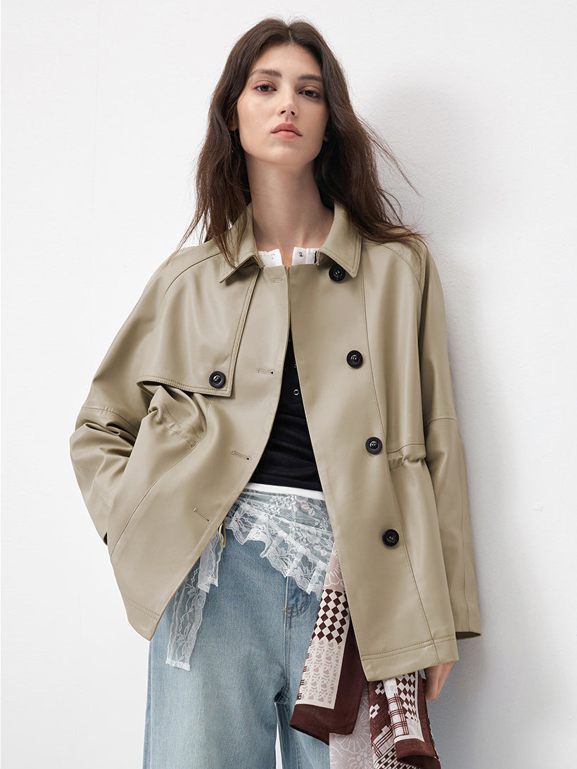 KSCK2453 Women's Spring-Autumn Leather Jacket with Drawstrings for Waist Adjustment and Loose Fit Leather Coat