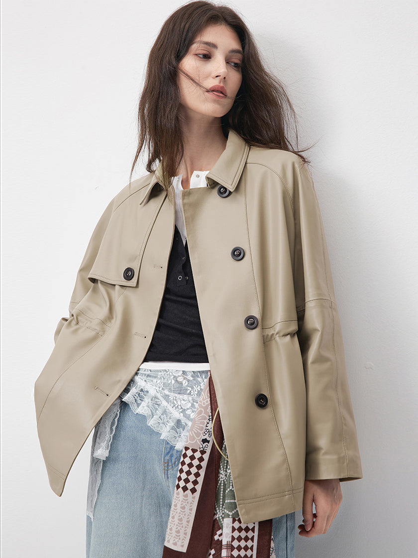 KSCK2453 Women's Spring-Autumn Leather Jacket with Drawstrings for Waist Adjustment and Loose Fit Leather Coat