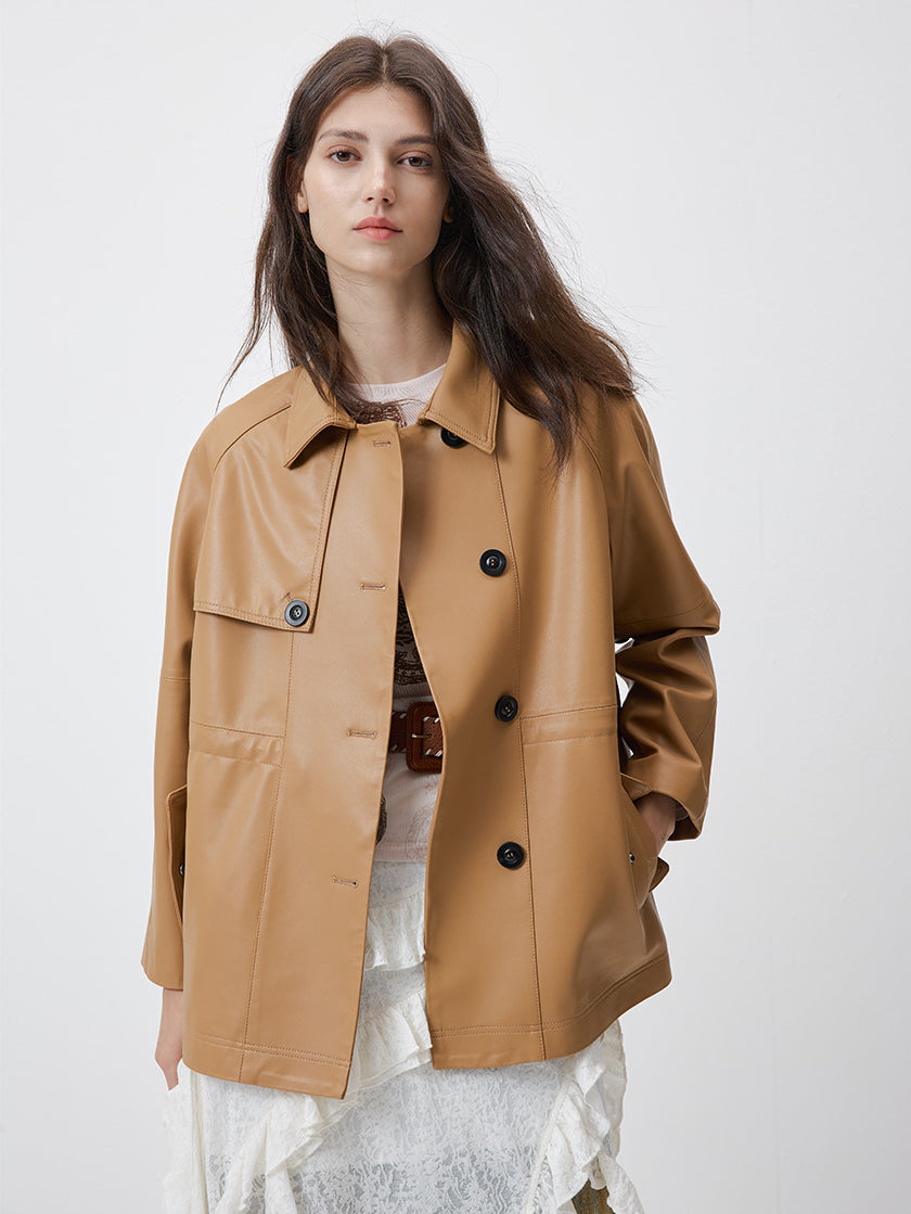 KSCK2453 Women's Spring-Autumn Leather Jacket with Drawstrings for Waist Adjustment and Loose Fit Leather Coat