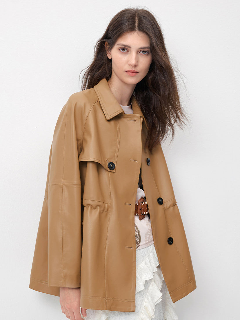 KSCK2453 Women's Spring-Autumn Leather Jacket with Drawstrings for Waist Adjustment and Loose Fit Leather Coat