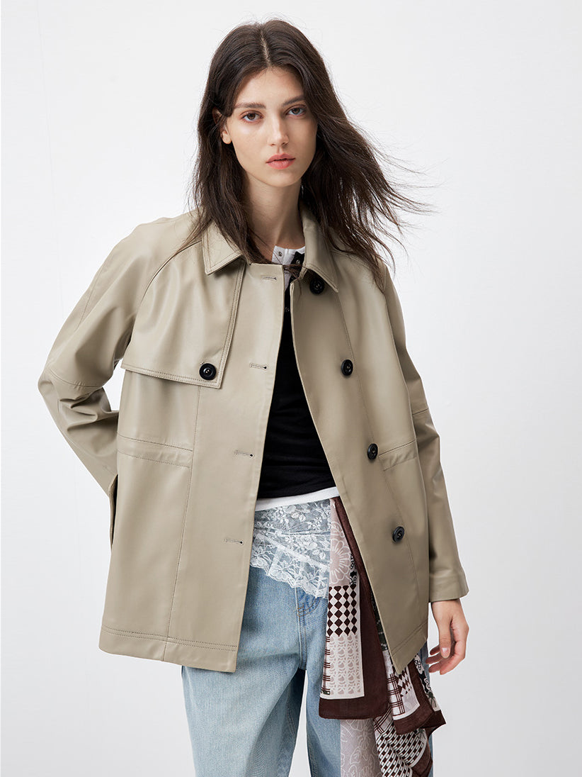 KSCK2453 Women's Spring-Autumn Leather Jacket with Drawstrings for Waist Adjustment and Loose Fit Leather Coat