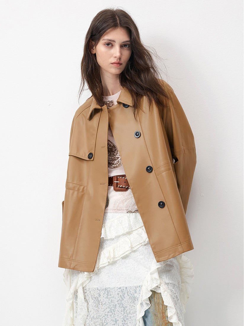 KSCK2453 Women's Spring-Autumn Leather Jacket with Drawstrings for Waist Adjustment and Loose Fit Leather Coat