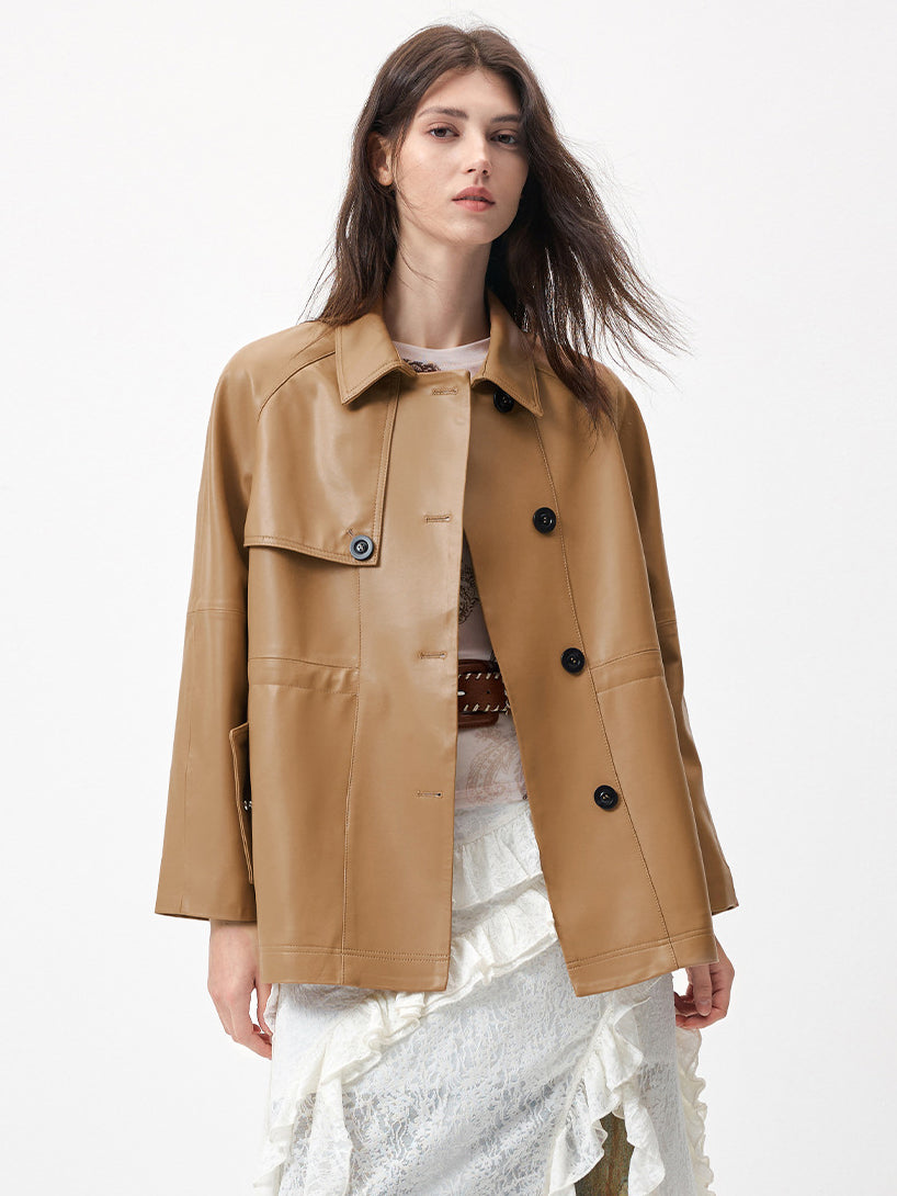 KSCK2453 Women's Spring-Autumn Leather Jacket with Drawstrings for Waist Adjustment and Loose Fit Leather Coat