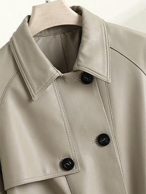 KSCK2453 Women's Spring-Autumn Leather Jacket with Drawstrings for Waist Adjustment and Loose Fit Leather Coat