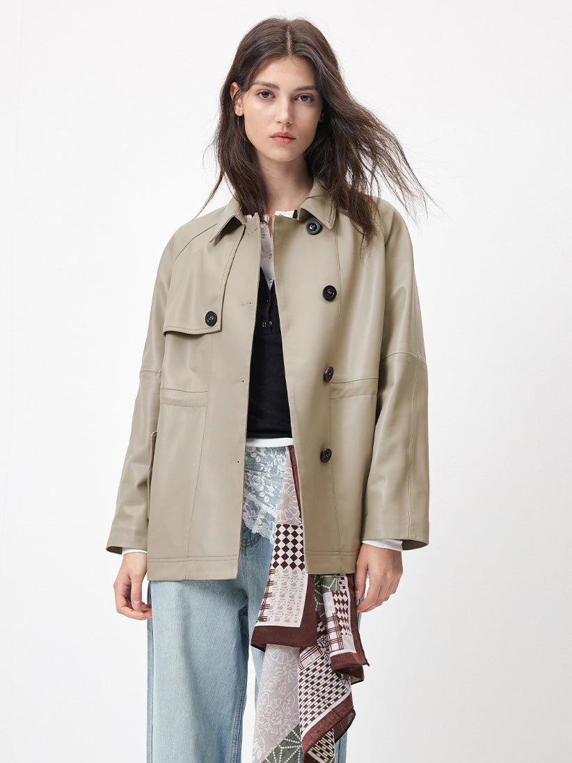 KSCK2453 Women's Spring-Autumn Leather Jacket with Drawstrings for Waist Adjustment and Loose Fit Leather Coat
