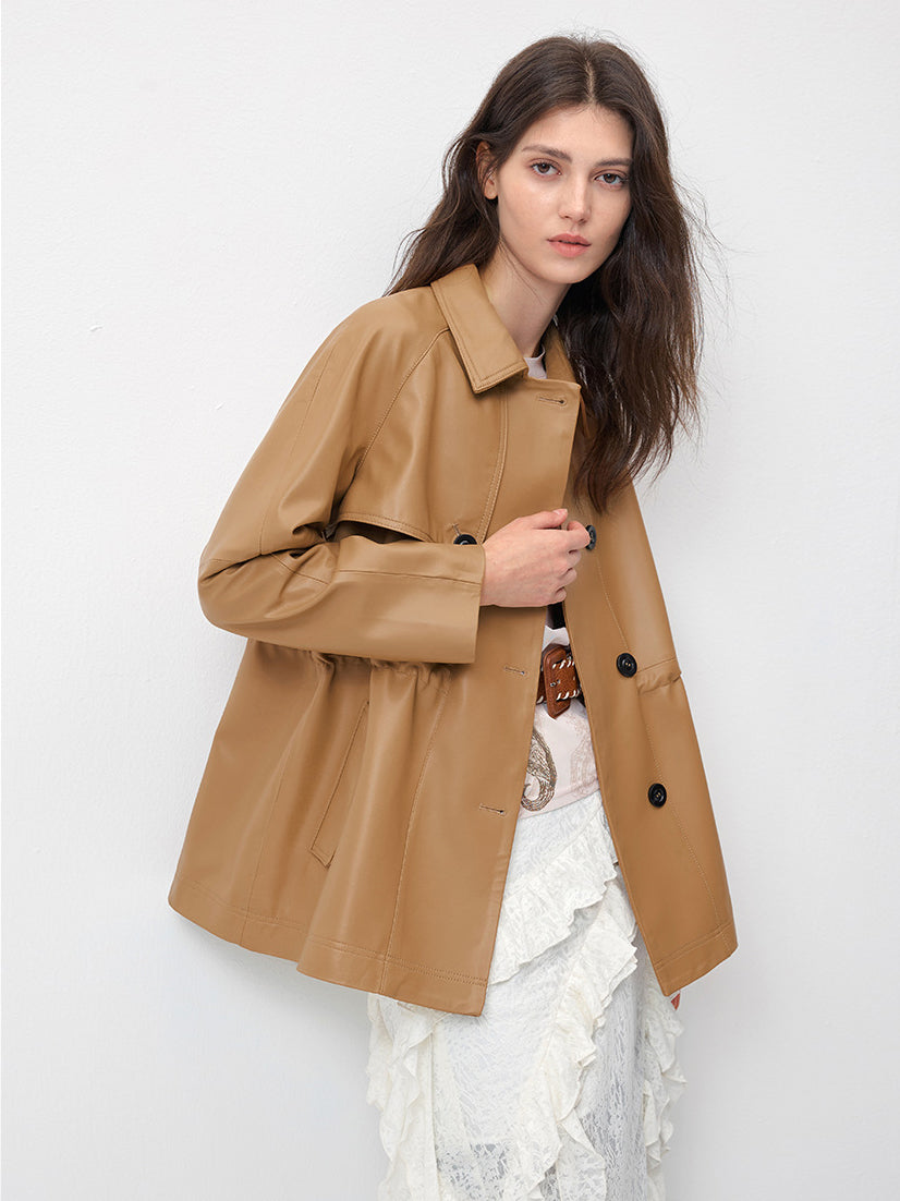 KSCK2453 Women's Spring-Autumn Leather Jacket with Drawstrings for Waist Adjustment and Loose Fit Leather Coat