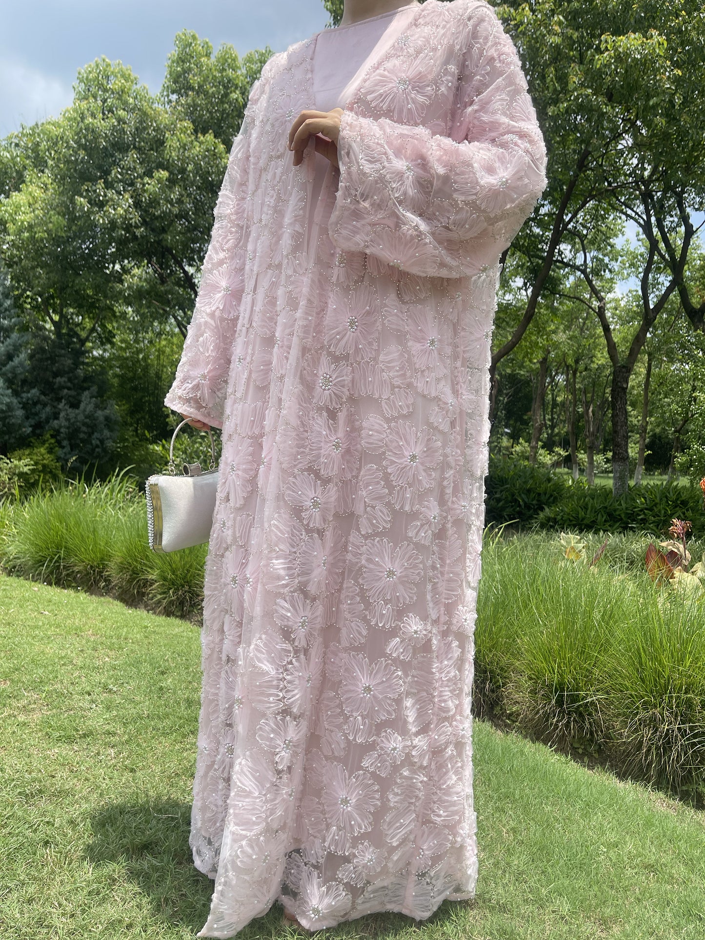 MSL881 Women 2 Pieces Set Open Abaya Mesh Flower Bead Embroidered Coat and Dress(Open Abaya+Inner Dress)