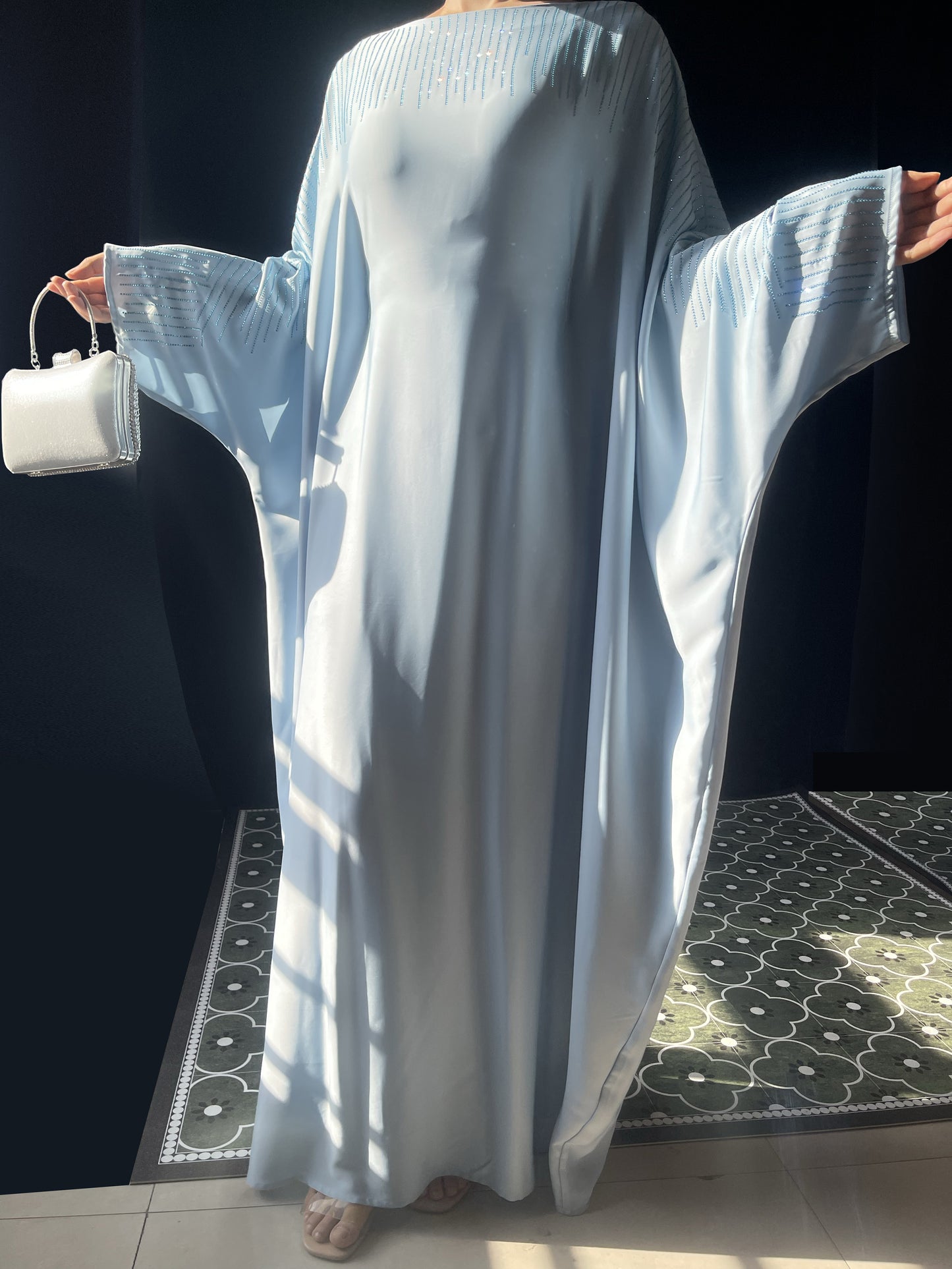 MSL324 Middle Eastern Muslim Maxi Dress Women's Robe Solid Color Bat-sleeve Hotfix Crystals Abaya