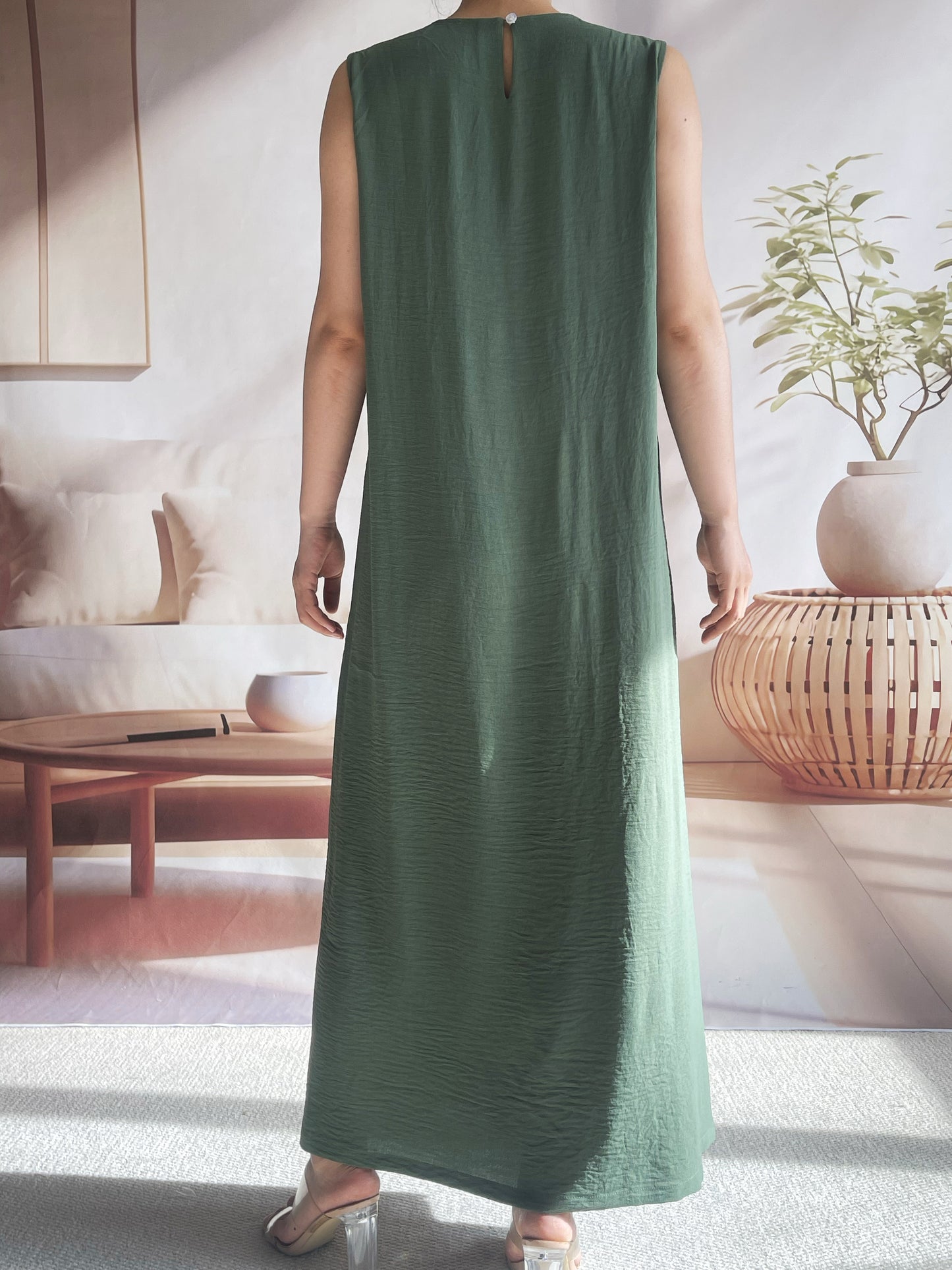 Ramadan Solid Crew Neck Sleeveless Loose Abayas, Elegant Simple Ruffle Hem Maxi Tank Dress, Women's Clothing Kebaya Kaftan MSL153