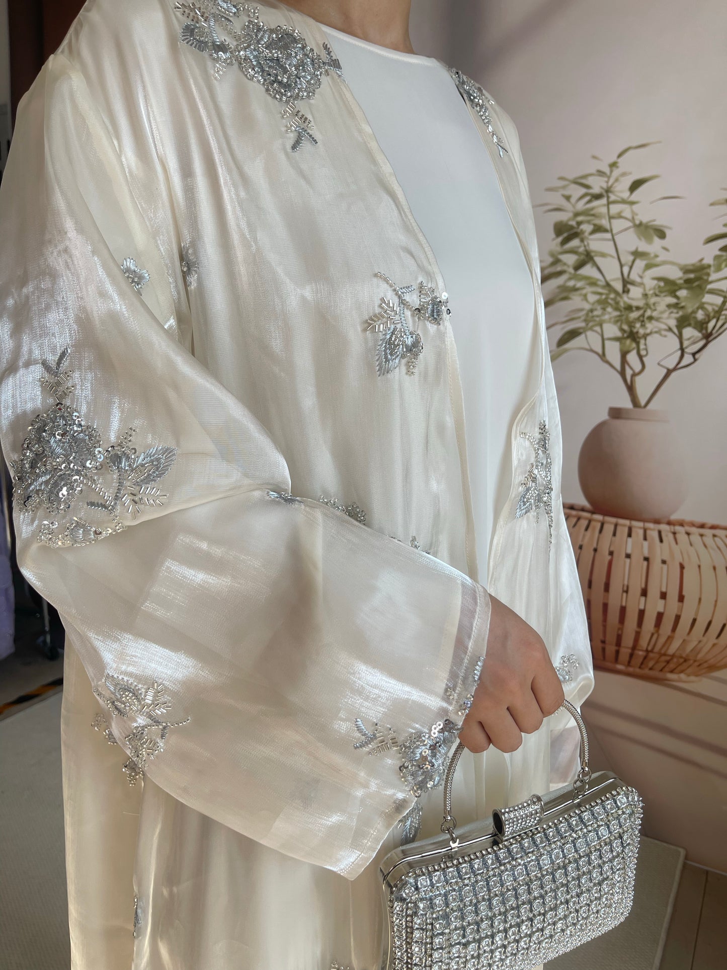 MSL888 Silver Rose Organza Beaded Embroidered Abaya Set