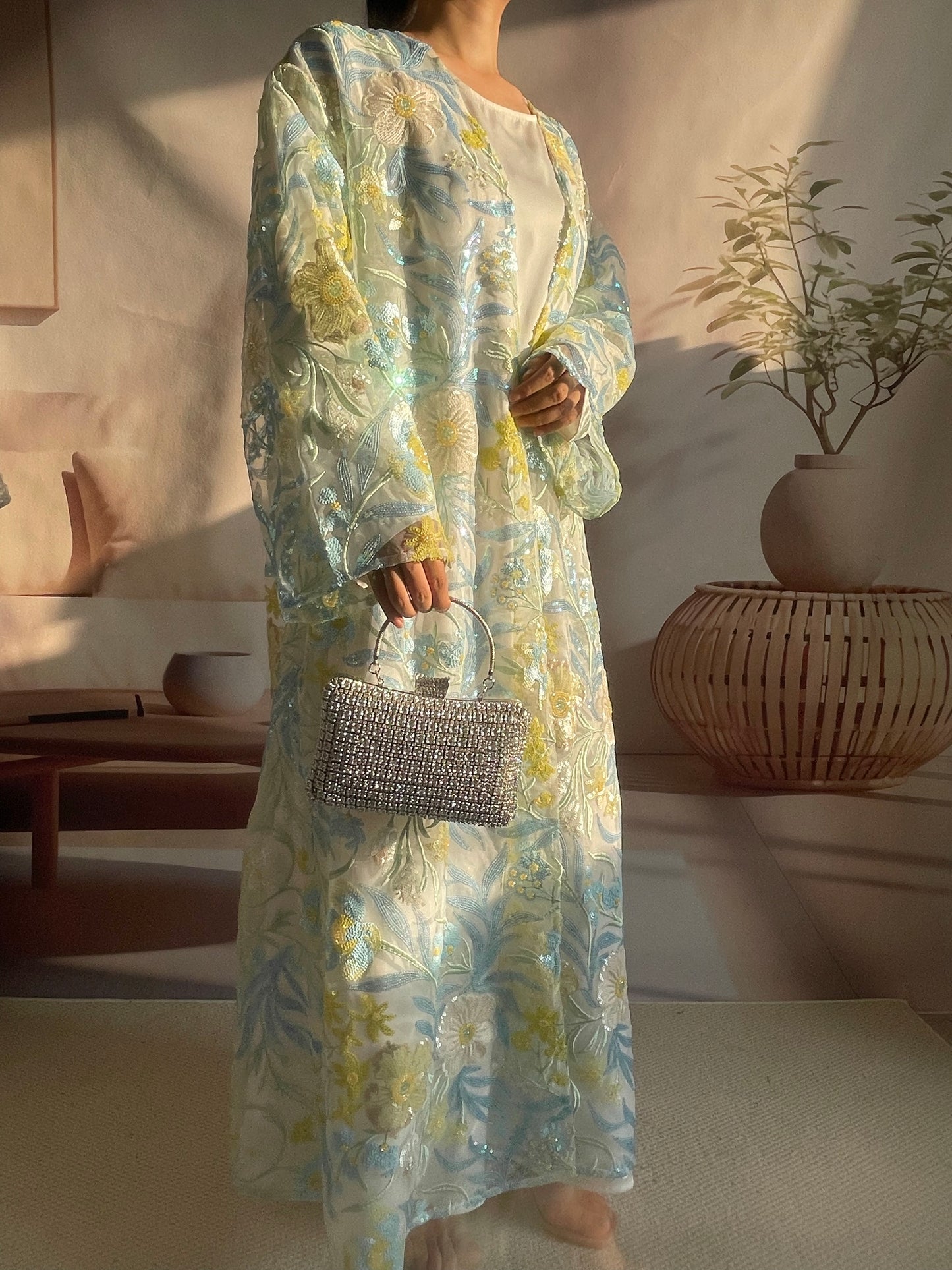 Yellow-green Flower Open Abaya MSL882