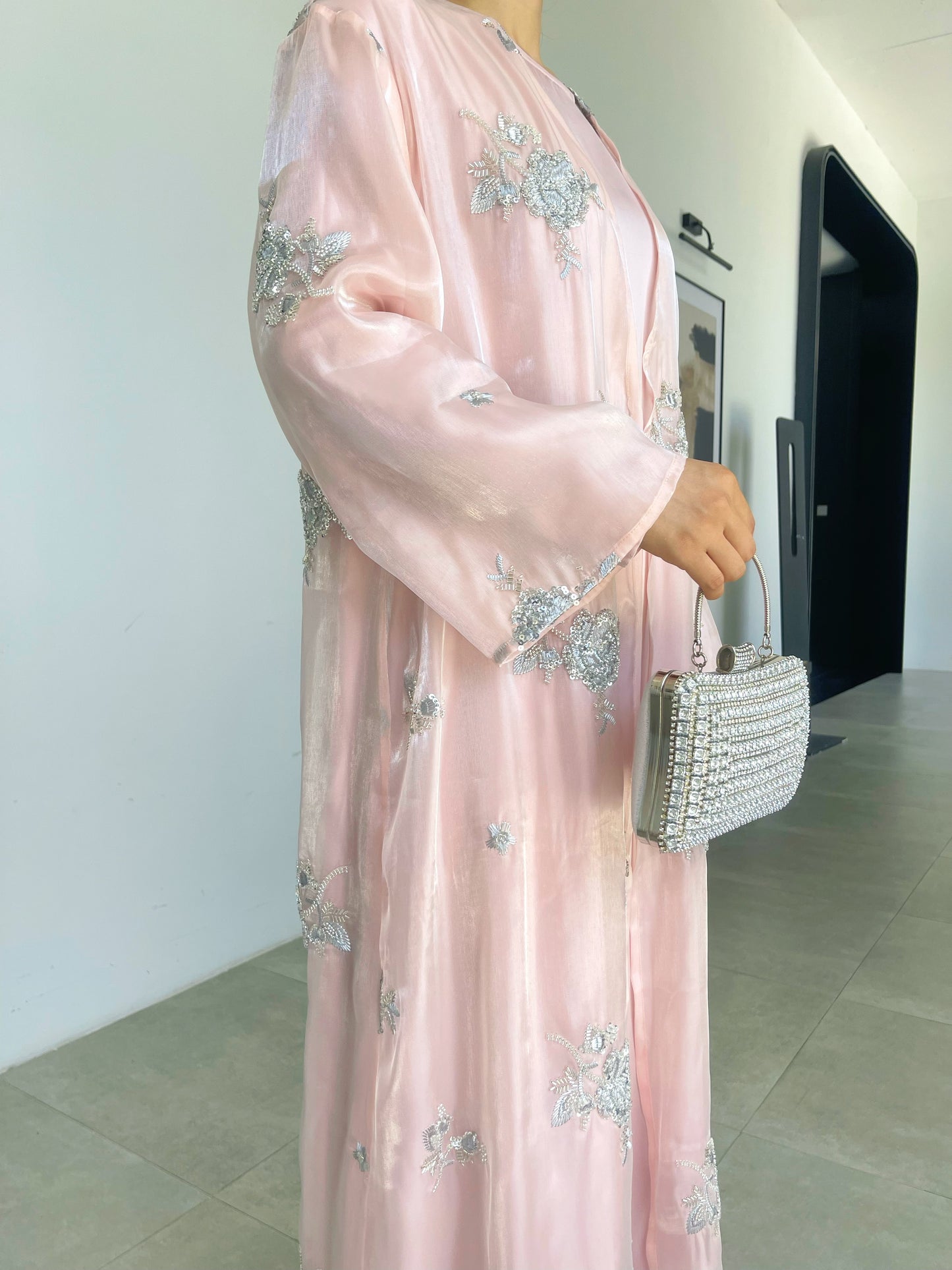 MSL888 Silver Rose Organza Beaded Embroidered Abaya Set