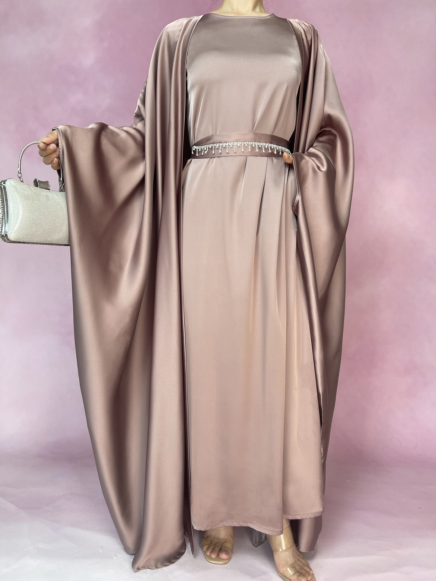 【Auf Lager】5-teiliges Set Butterfly Abaya mit Niqab, lose Vollabdeckung Satin Abaya MSL019