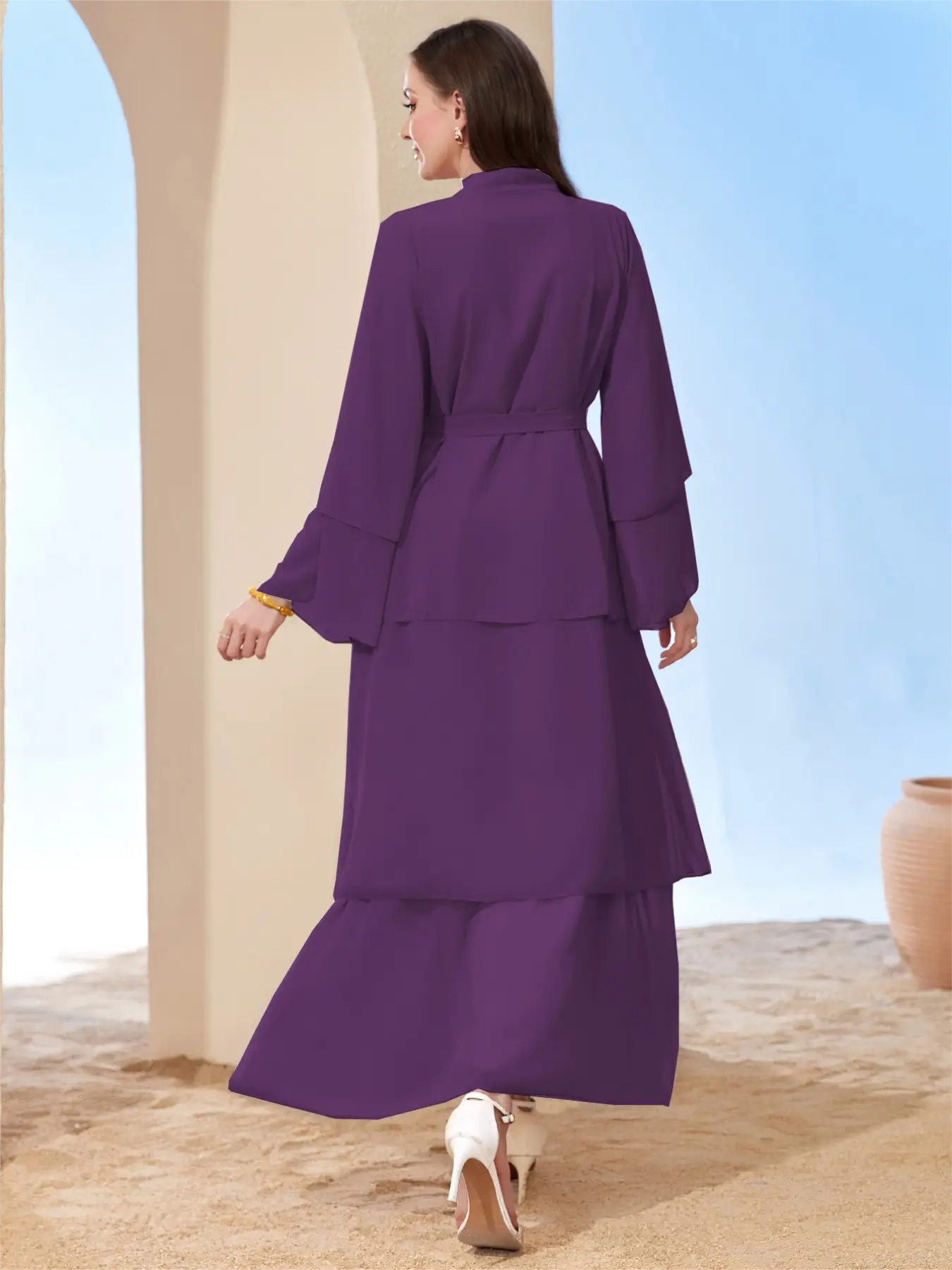 Ramadan kebaya Layered Open Front Abaya, Long Sleeve Dress With Belted , Without Hijab, Women's Clothing MSL1