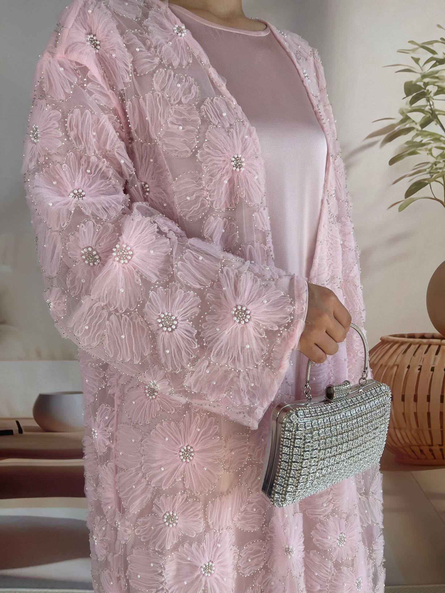 MSL881 Women 2 Pieces Set Open Abaya Mesh Flower Bead Embroidered Coat and Dress(Open Abaya+Inner Dress)