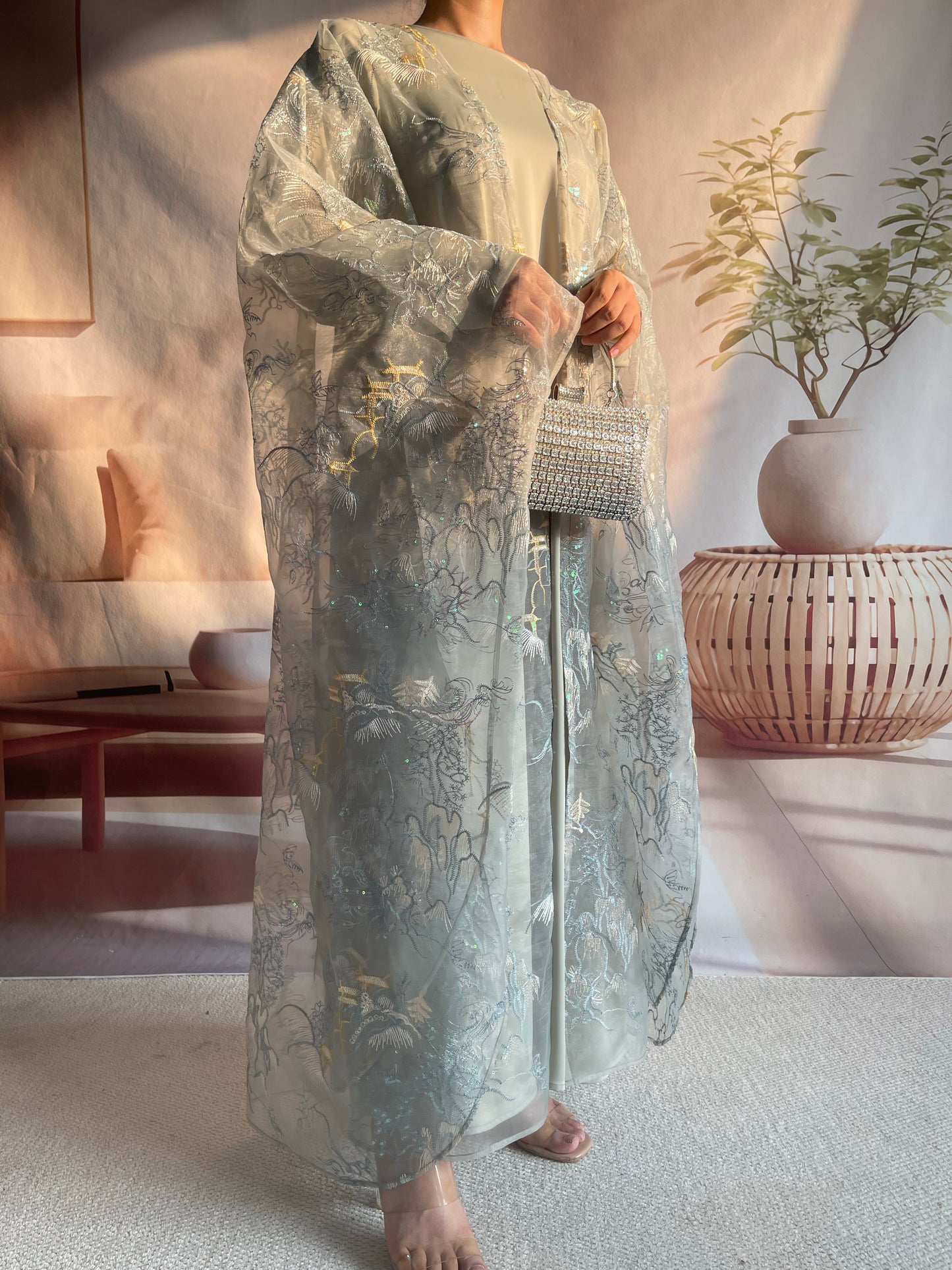 MSL899 Two-piece Set Bat-wing Embroidered Cape with a Matching Inner Dress