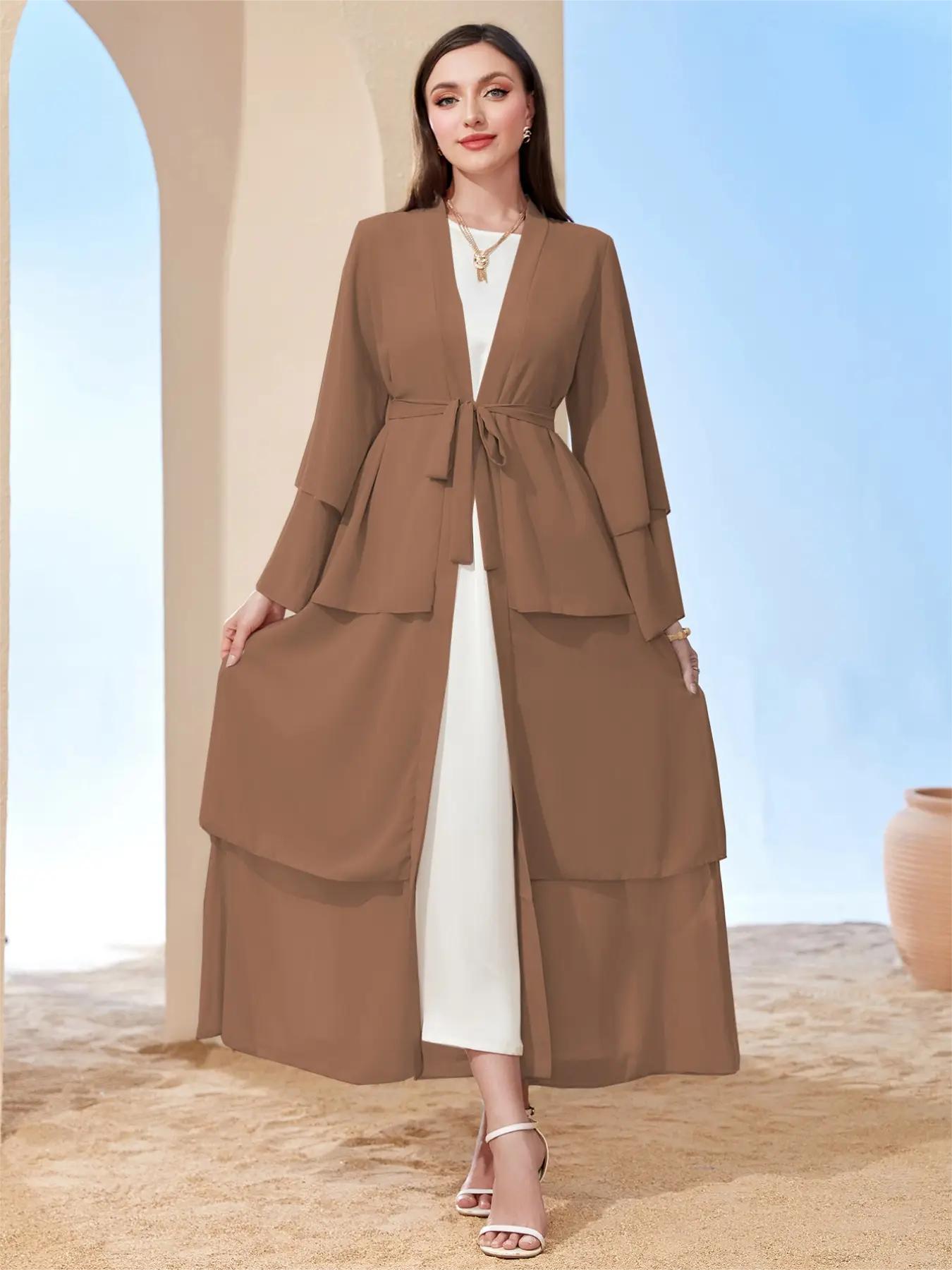 Ramadan kebaya Layered Open Front Abaya, Long Sleeve Dress With Belted , Without Hijab, Women's Clothing MSL1