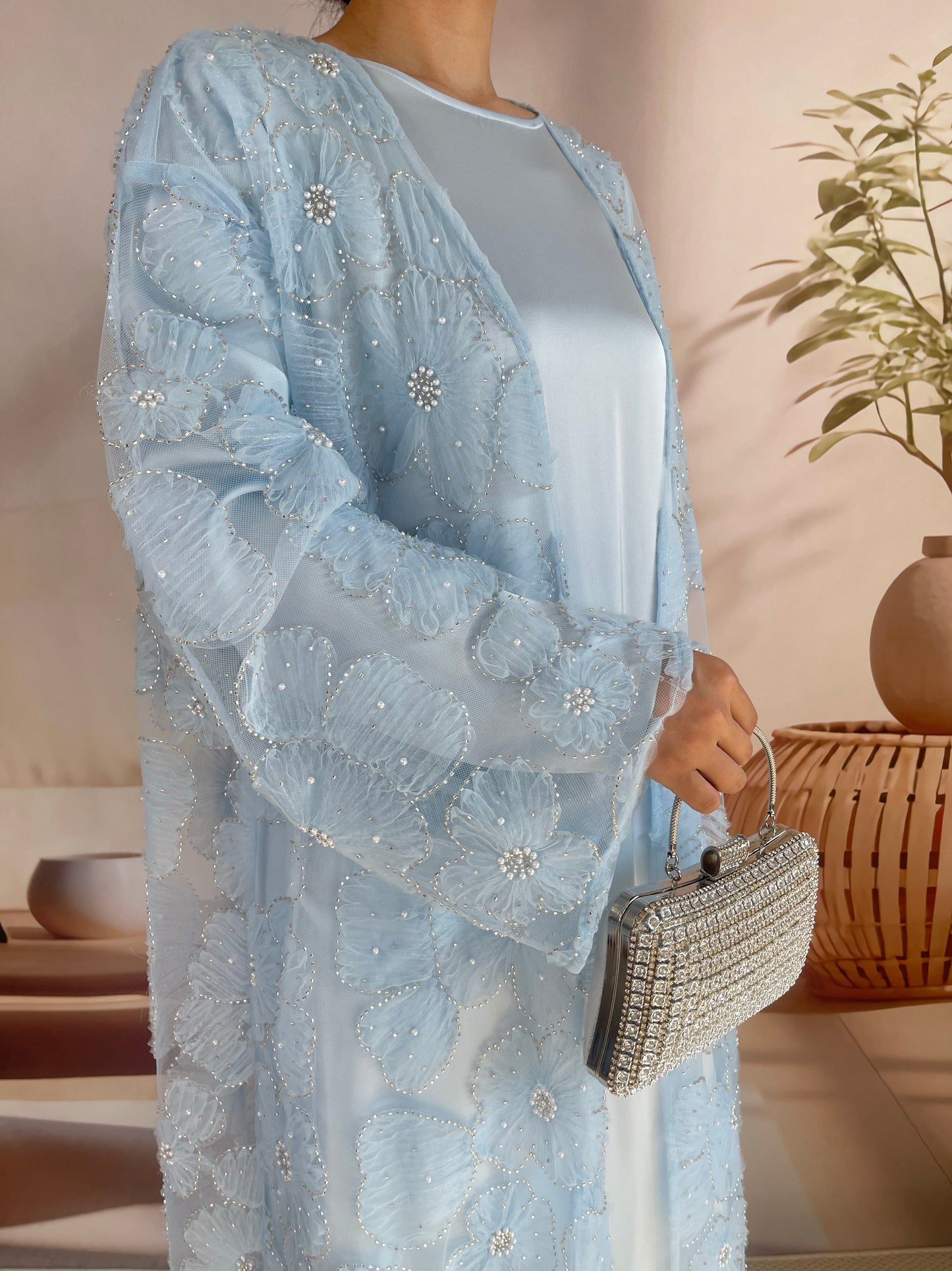 MSL881 Women 2 Pieces Set Open Abaya Mesh Flower Bead Embroidered Coat and Dress(Open Abaya+Inner Dress)