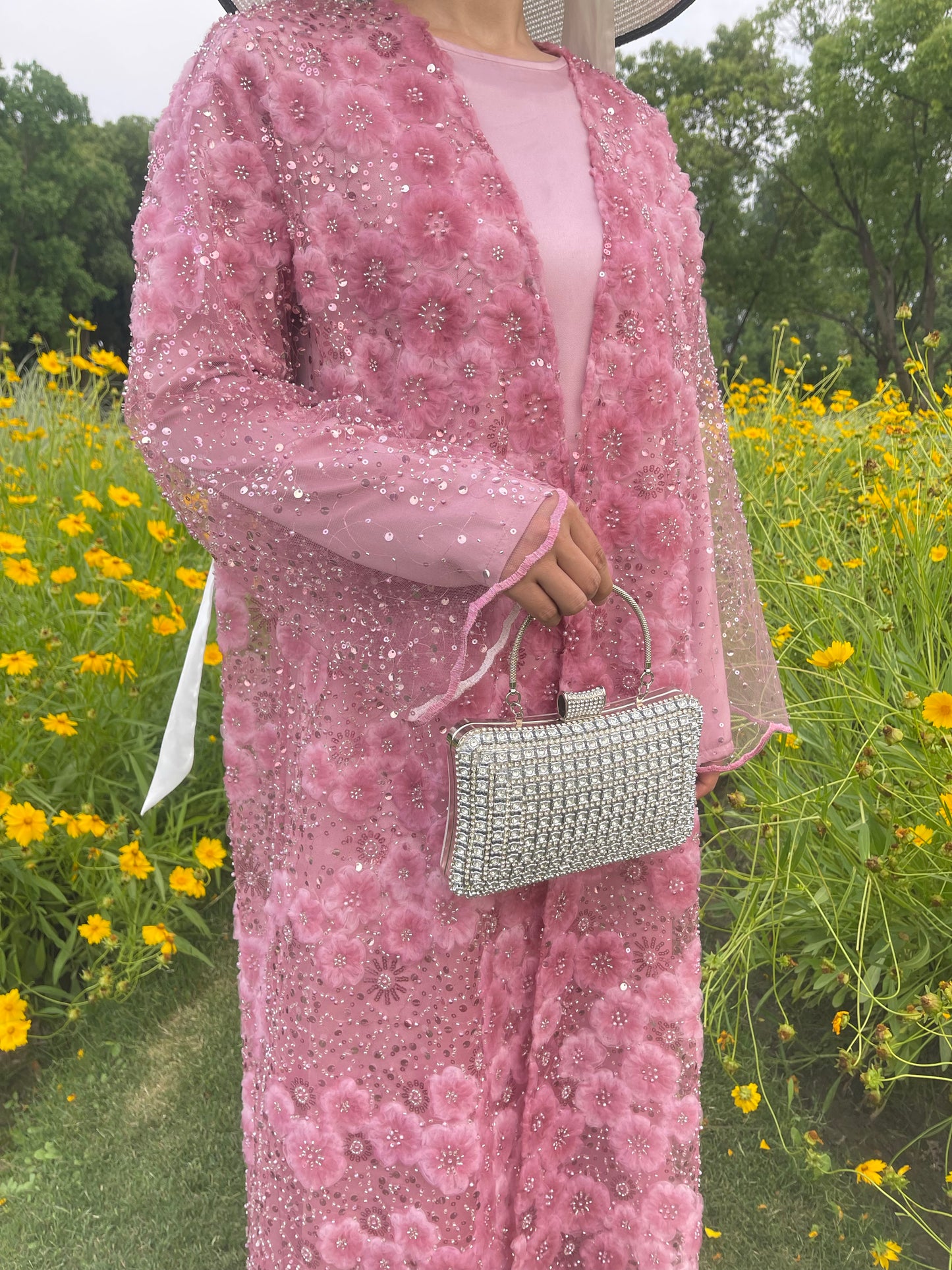 MSL893 Raspberry Red Flower Open Abaya