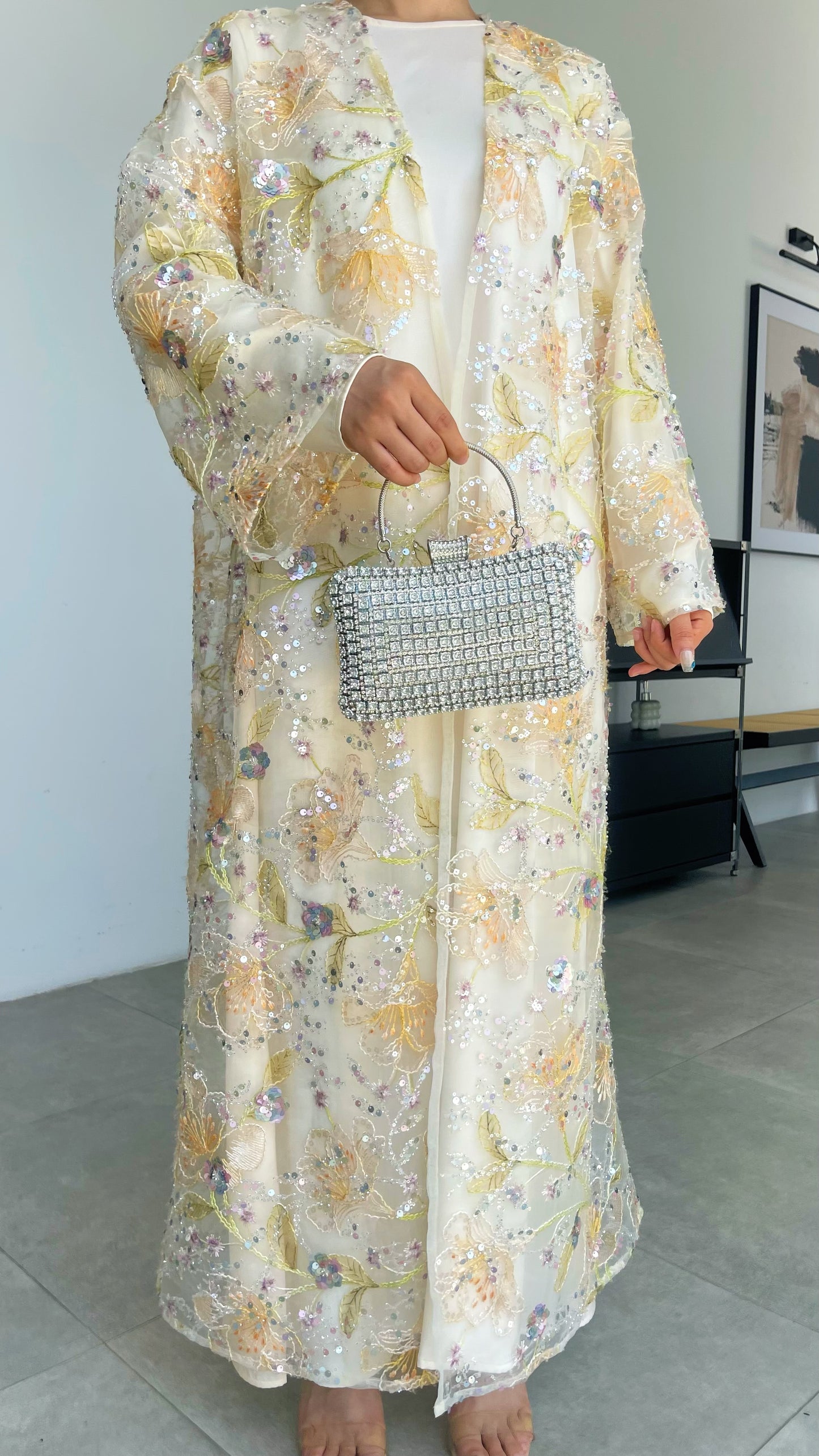 MSL894 Yellow Flowers Open Abaya Set