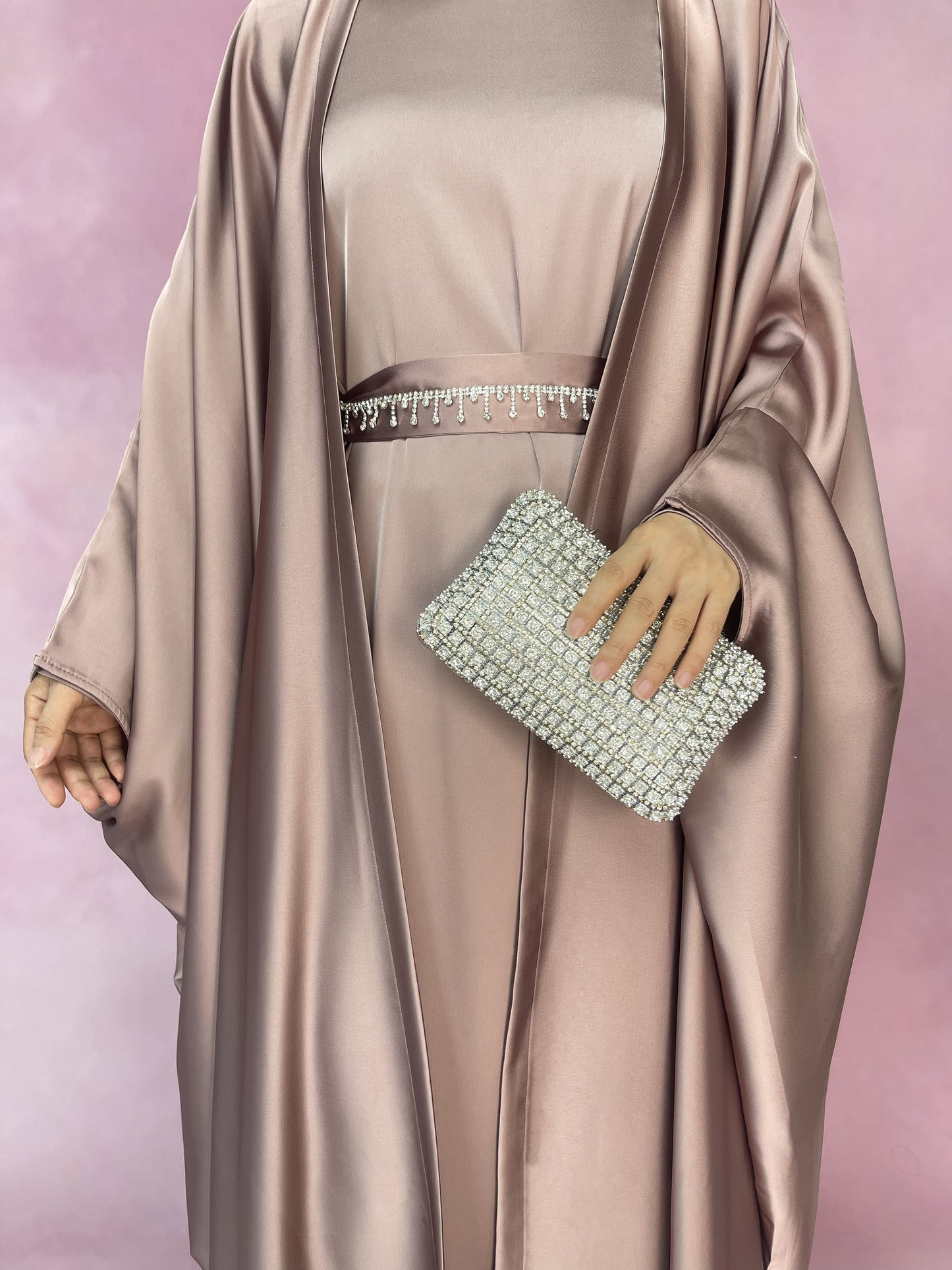 【Auf Lager】5-teiliges Set Butterfly Abaya mit Niqab, lose Vollabdeckung Satin Abaya MSL019