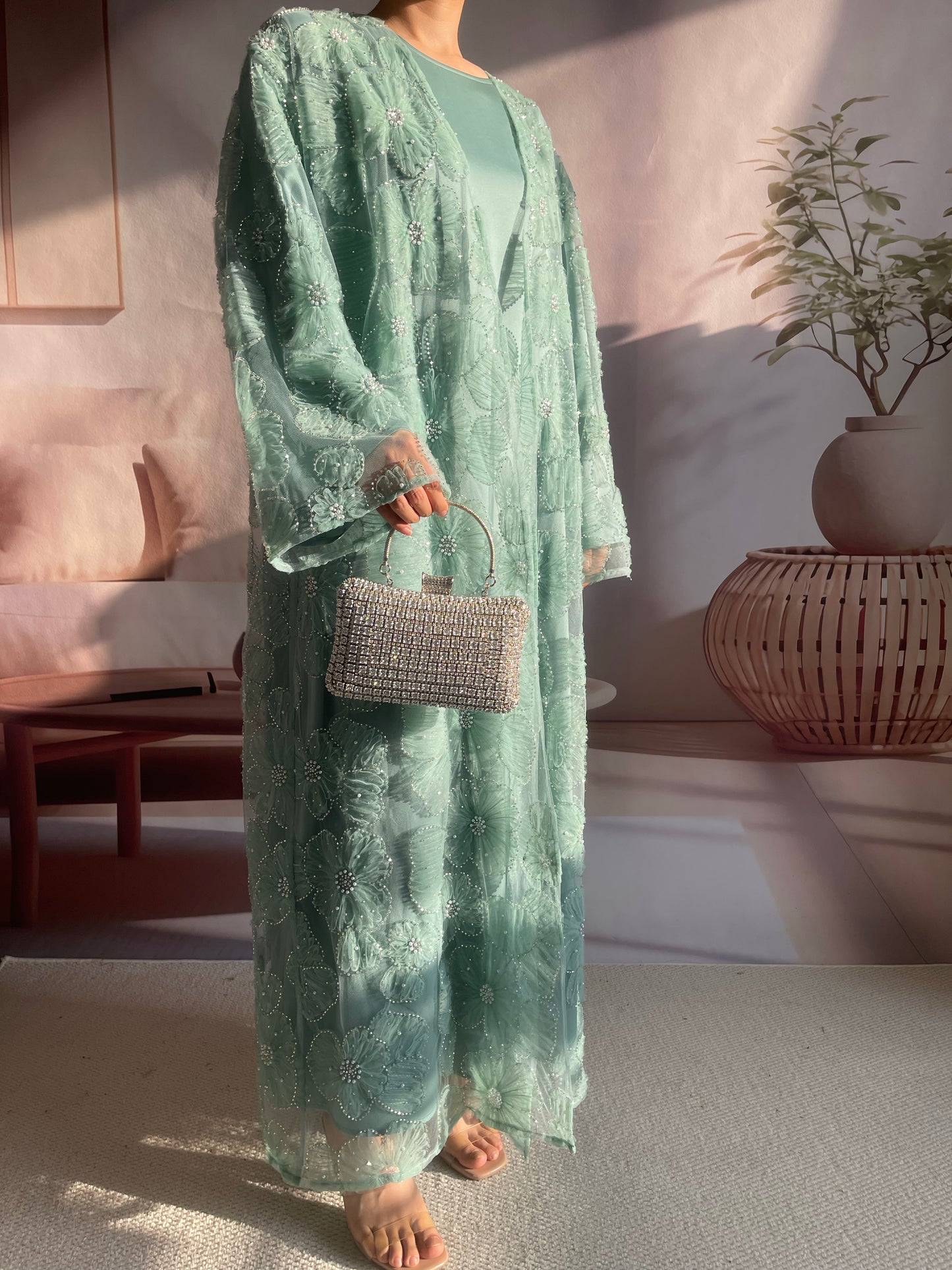 MSL881 Women 2 Pieces Set Open Abaya Mesh Flower Bead Embroidered Coat and Dress(Open Abaya+Inner Dress)