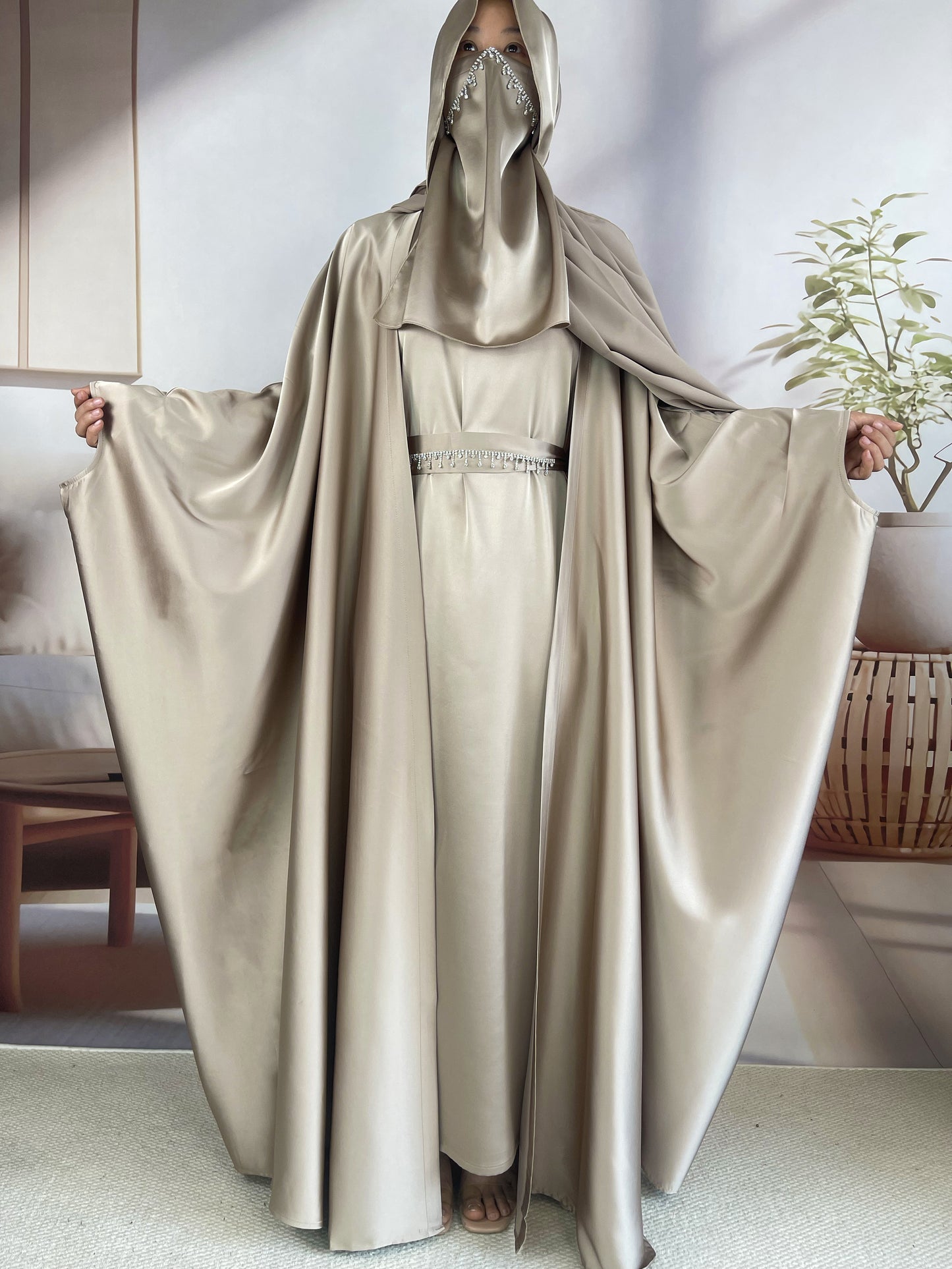 【Auf Lager】5-teiliges Set Butterfly Abaya mit Niqab, lose Vollabdeckung Satin Abaya MSL019