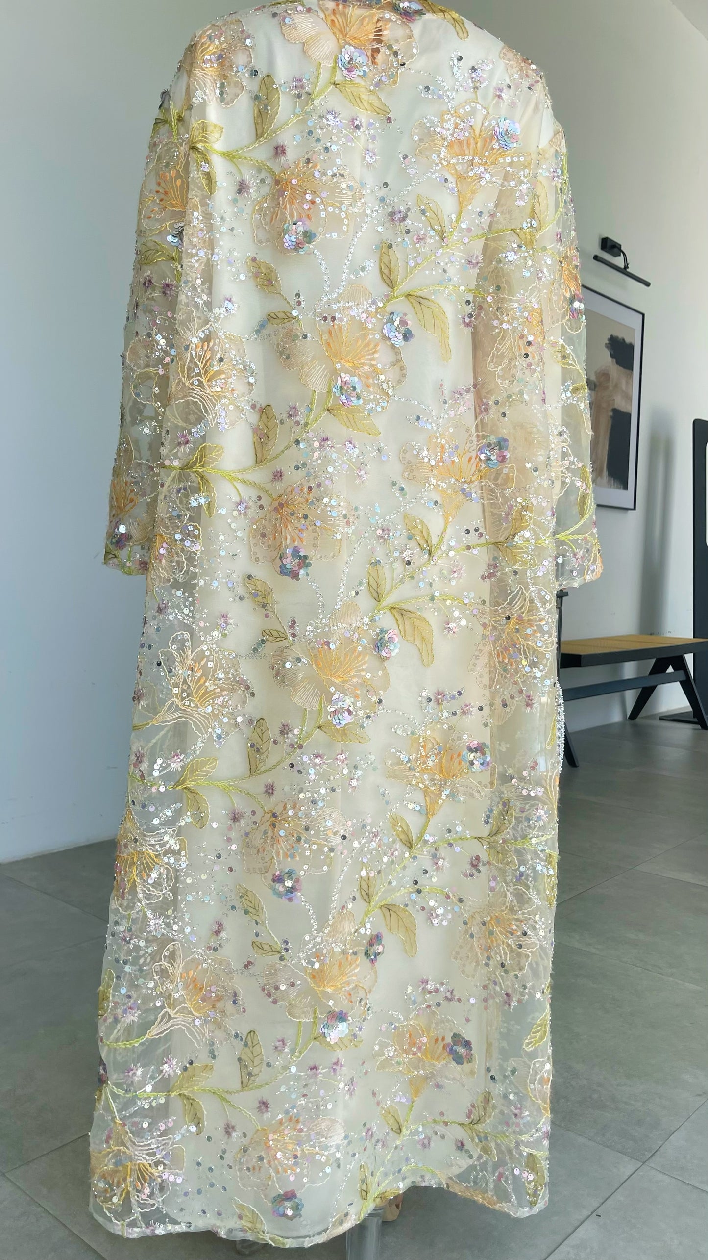 MSL894 Yellow Flowers Open Abaya Set