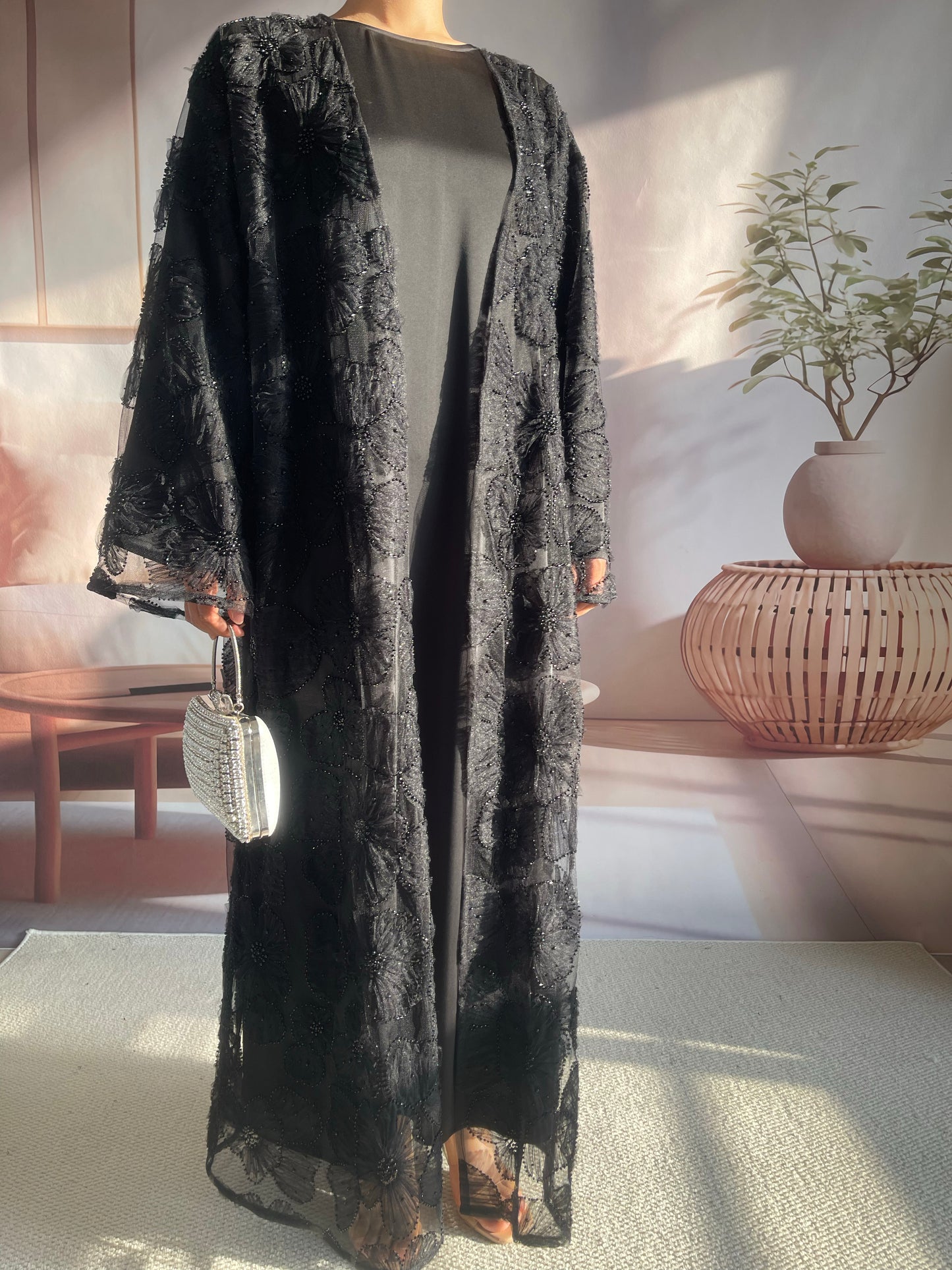 MSL881 Women 2 Pieces Set Open Abaya Mesh Flower Bead Embroidered Coat and Dress(Open Abaya+Inner Dress)