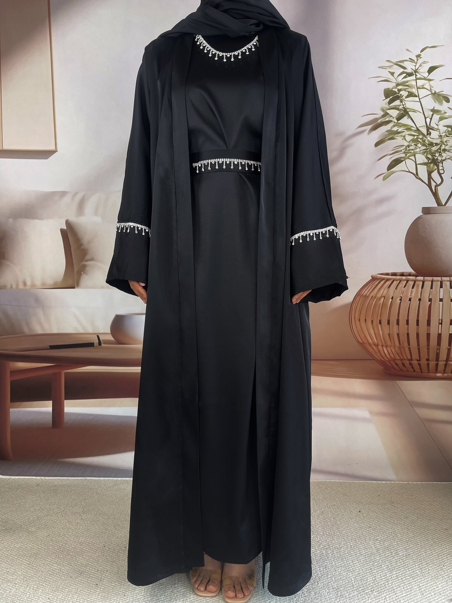 MSL041 Luxury Satin Abaya With Diamond Tassels Belt, 6-Piece Set
