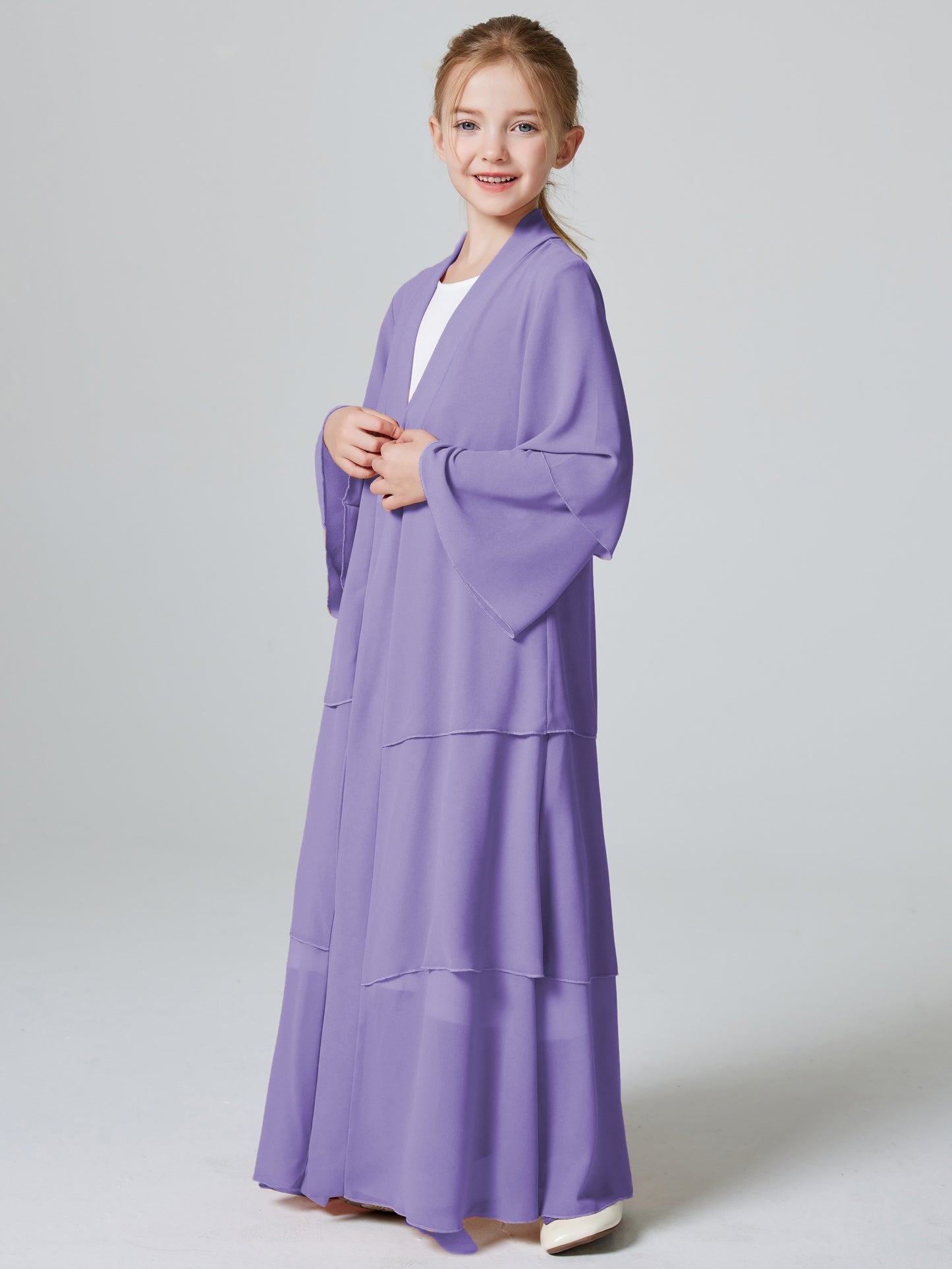 Ramadan Muslim Girls 3 Layered Chiffon Kids Abaya Dress Open Front Abaya Kebaya Outerwear (Without Hijab) MSL132