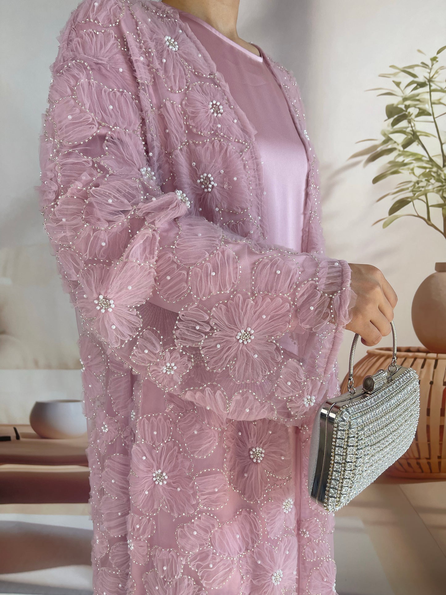 MSL881 Women 2 Pieces Set Open Abaya Mesh Flower Bead Embroidered Coat and Dress(Open Abaya+Inner Dress)