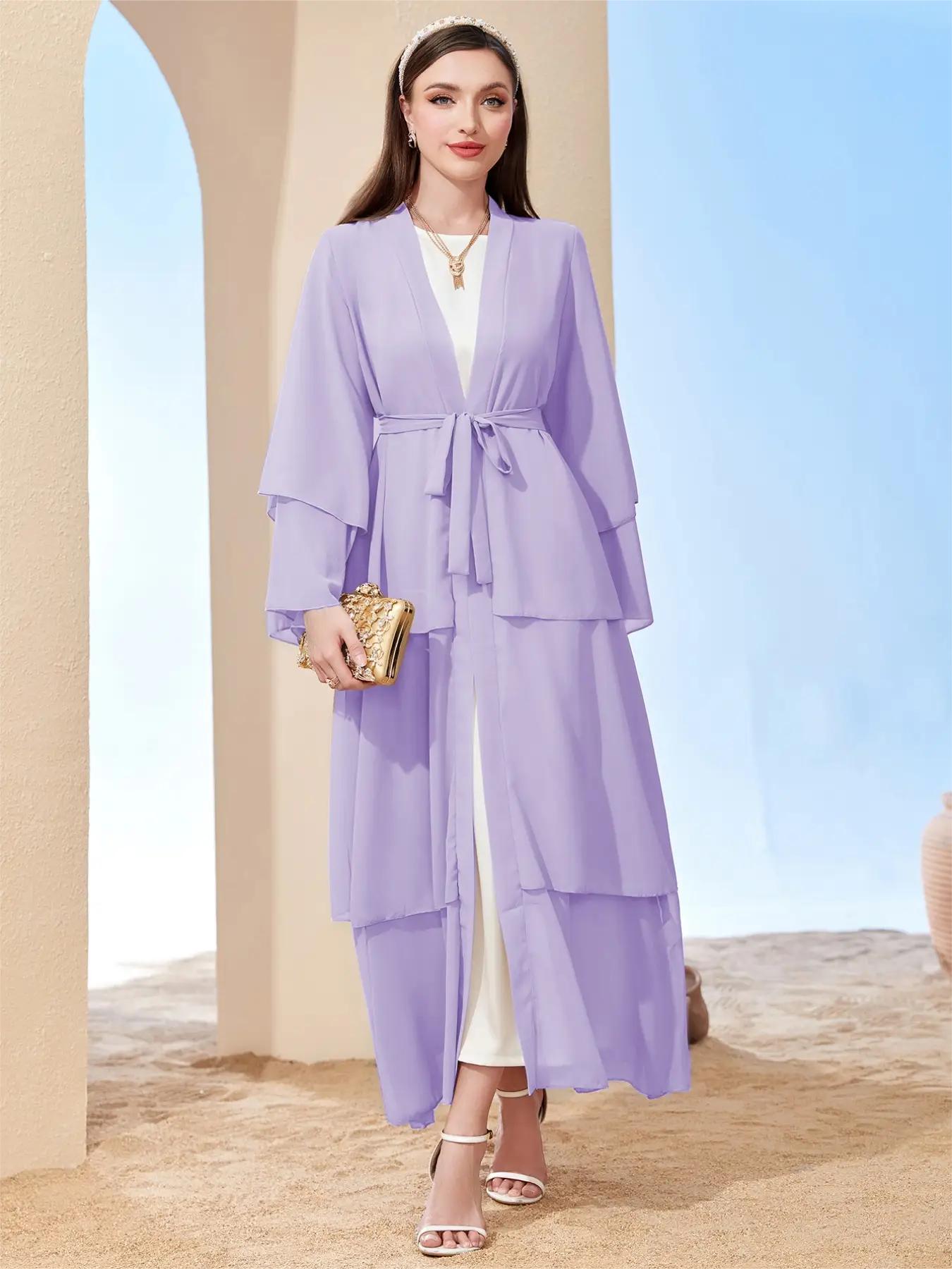 Ramadan kebaya Layered Open Front Abaya, Long Sleeve Dress With Belted , Without Hijab, Women's Clothing MSL1