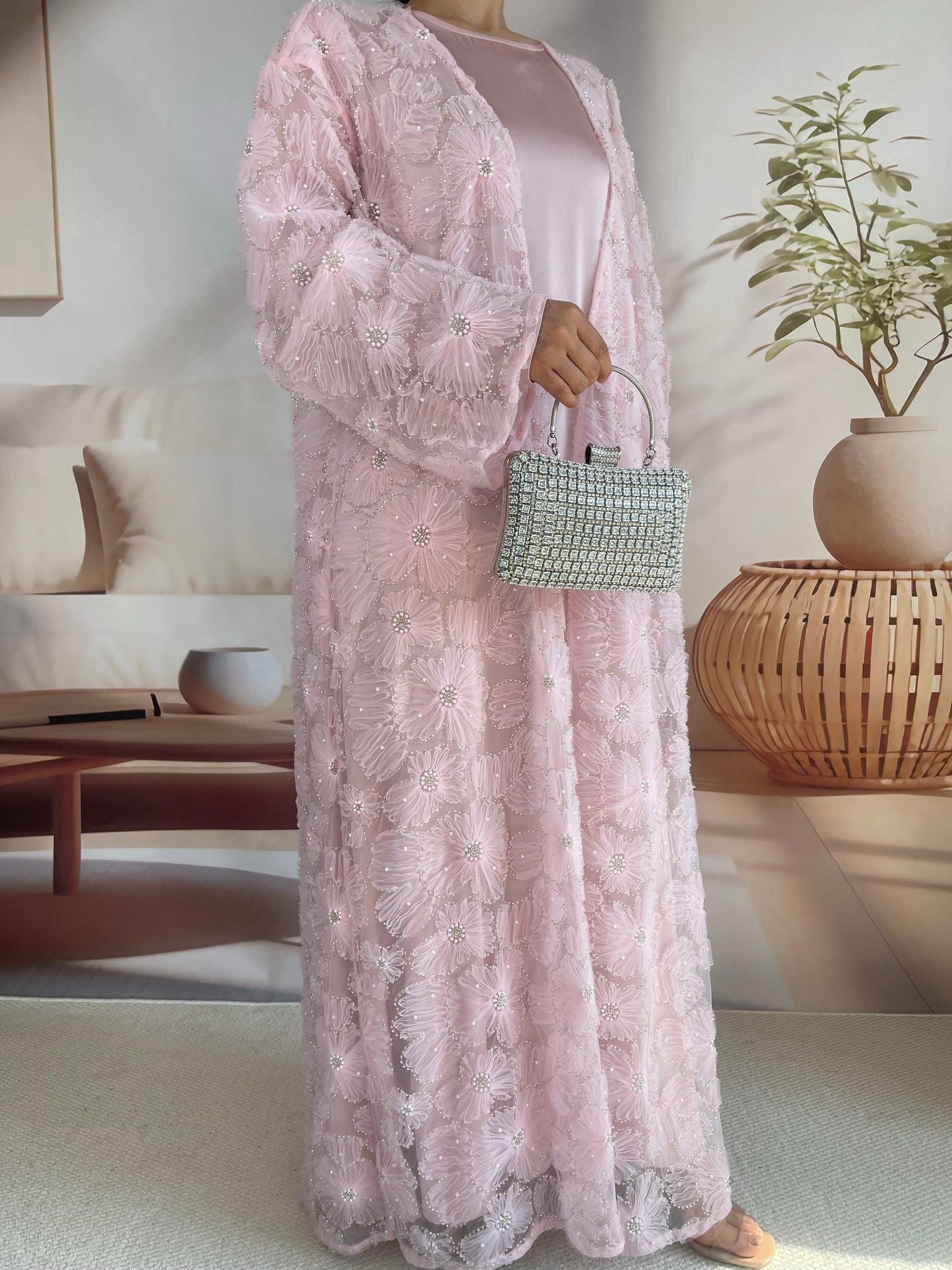 MSL881 Women 2 Pieces Set Open Abaya Mesh Flower Bead Embroidered Coat and Dress(Open Abaya+Inner Dress)
