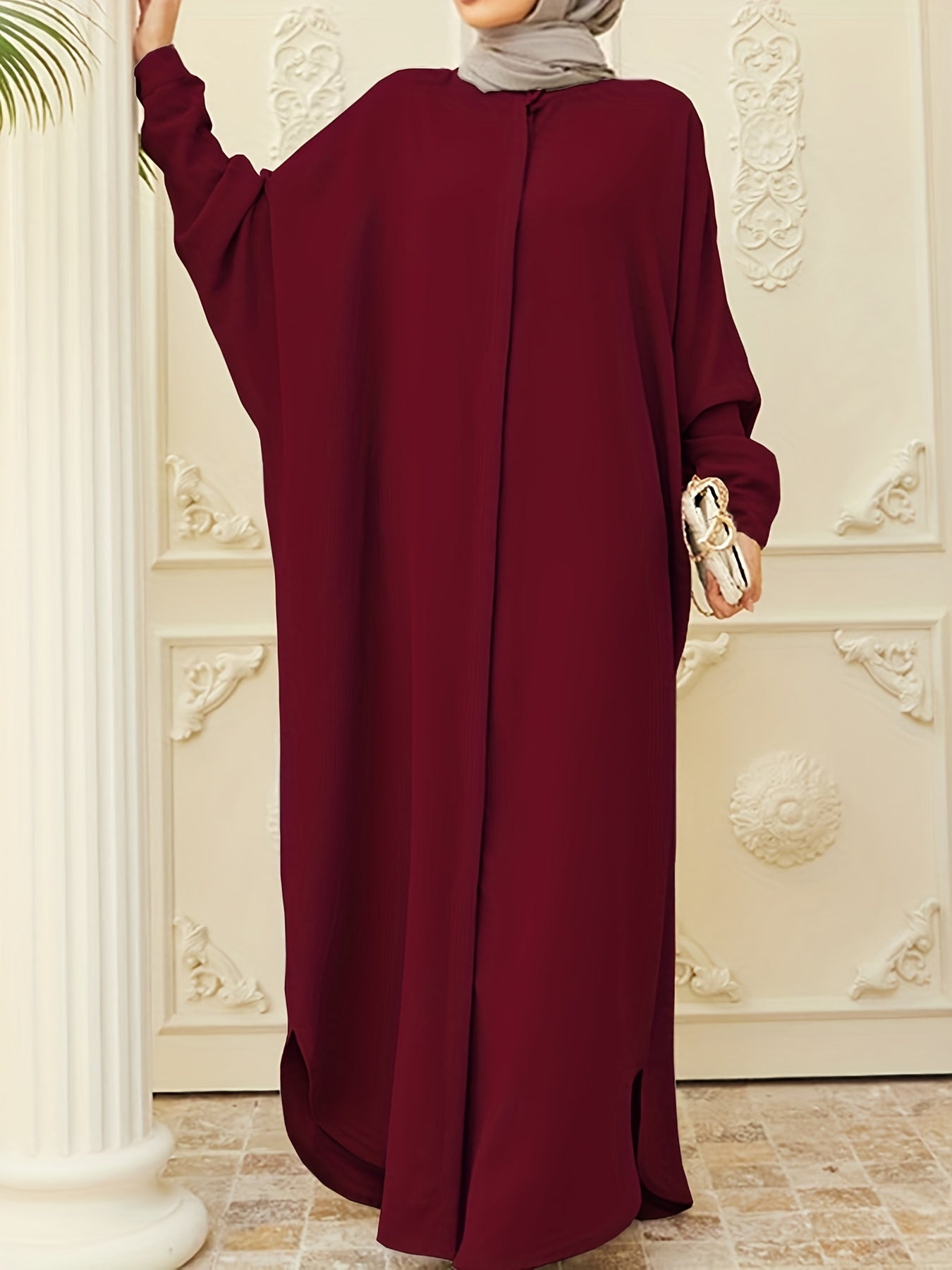 kebaya Ramadan Solid Batwing Sleeve Kaftan Abaya, Elegant Loose Split Maxi Length Dress, Women's Clothing MSL37