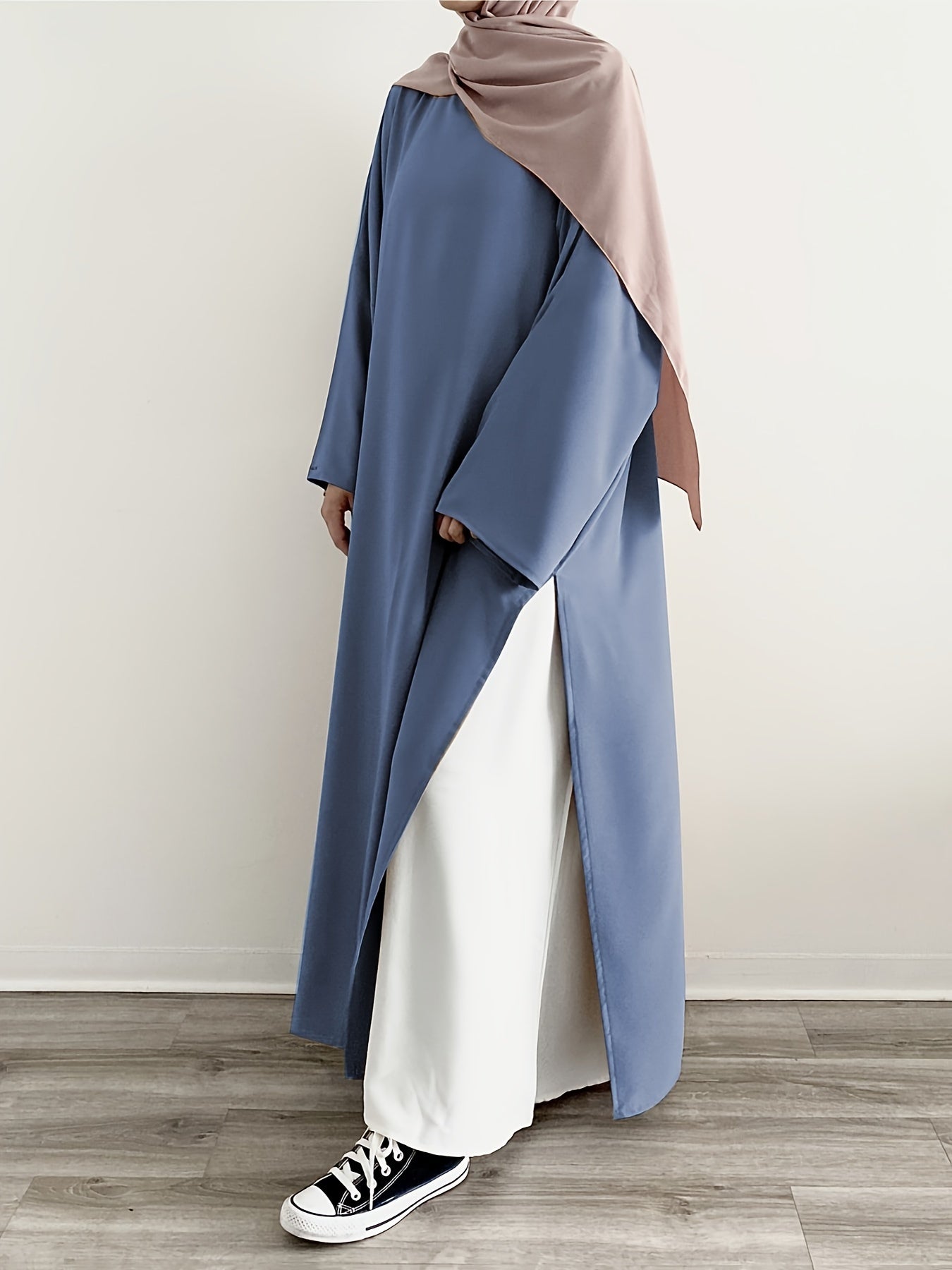 Ramadan Solid Split Crew Neck Abaya, Elegant Long Sleeve Kebaya, Maxi Length Dress Kaftan, Islam Women's Clothing(Single piece) MSL86