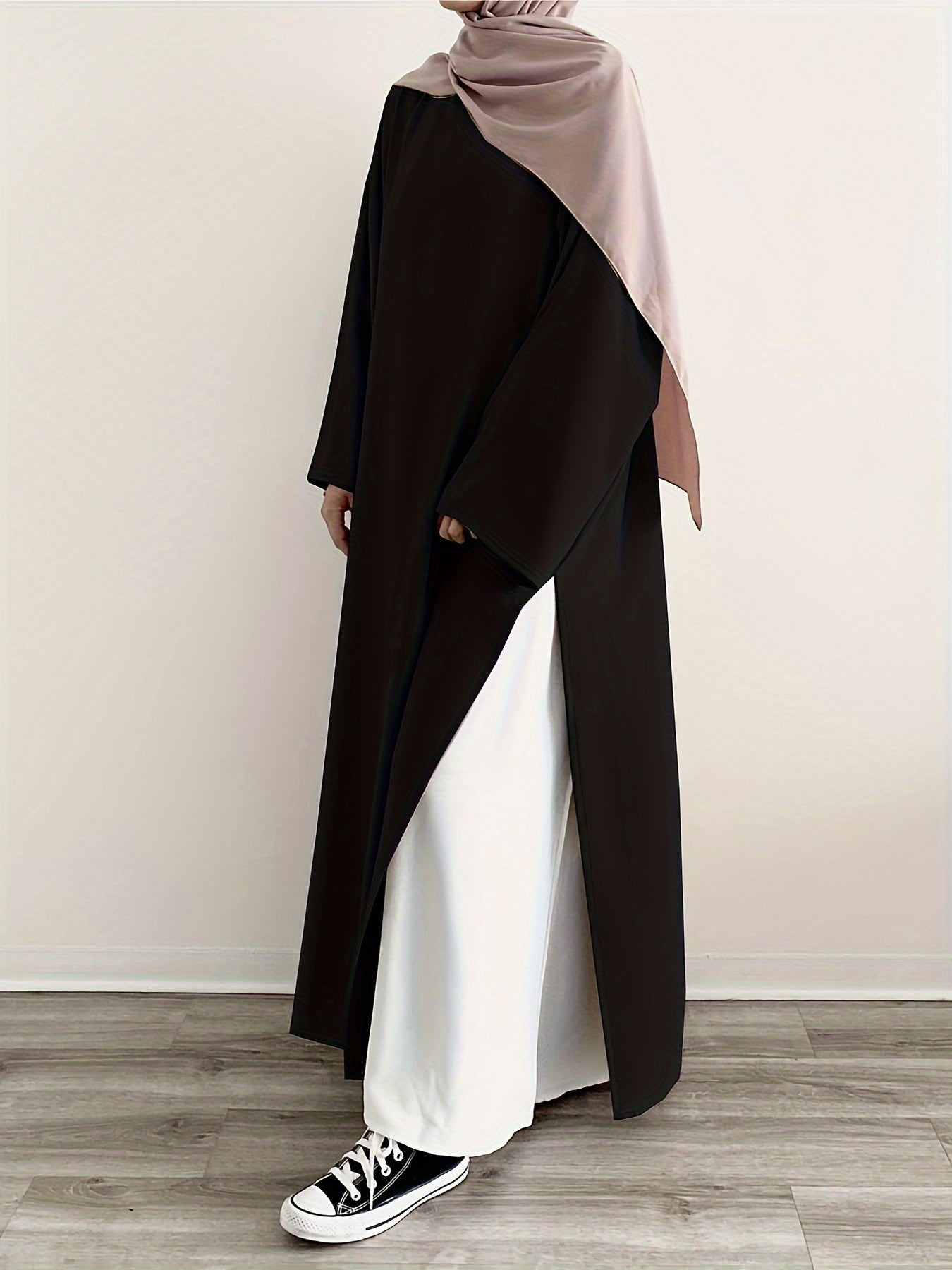 Ramadan Solid Split Crew Neck Abaya, Elegant Long Sleeve Kebaya, Maxi Length Dress Kaftan, Islam Women's Clothing(Single piece) MSL86