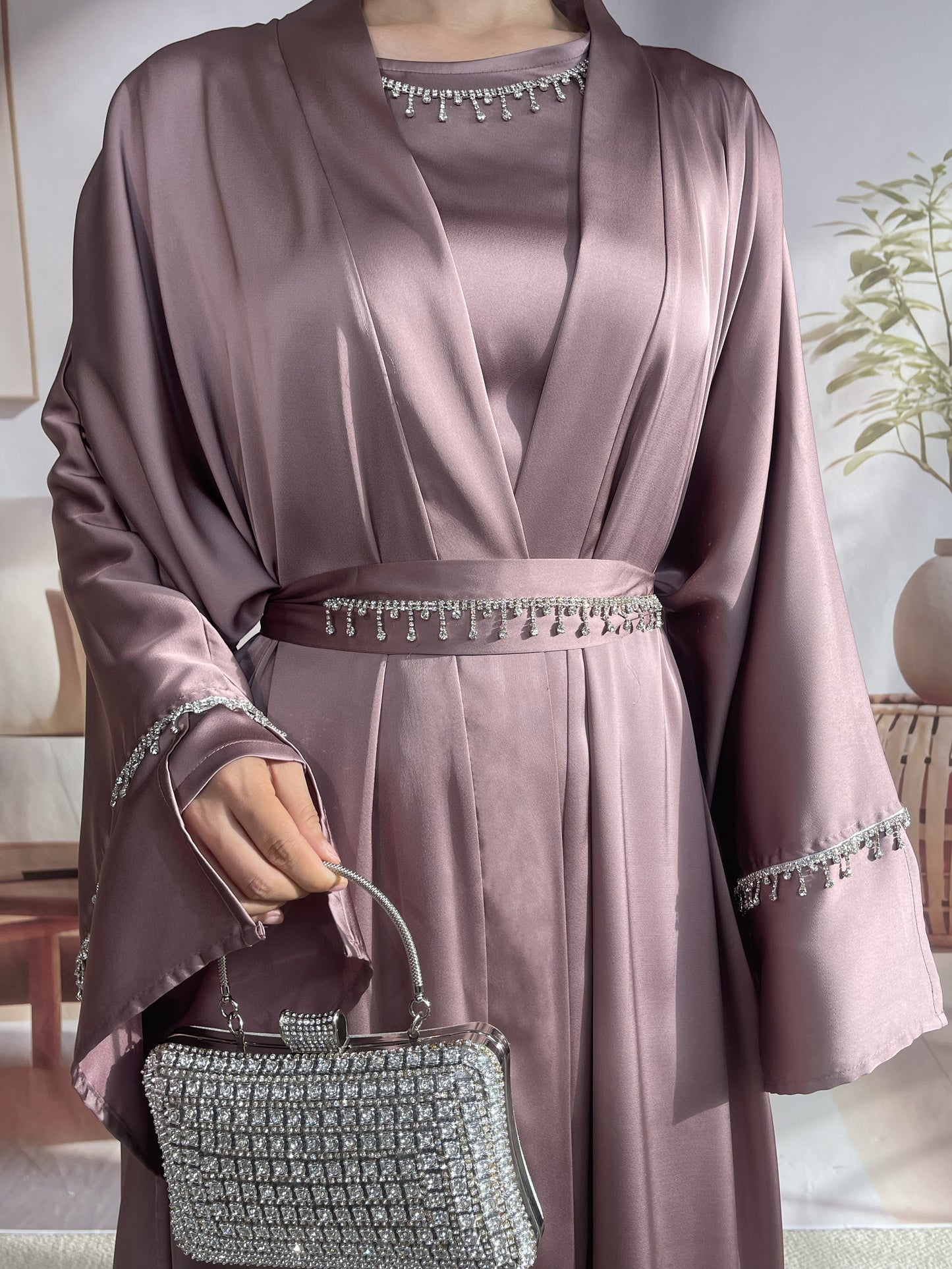 MSL041 Luxury Satin Abaya With Diamond Tassels Belt, 6-Piece Set