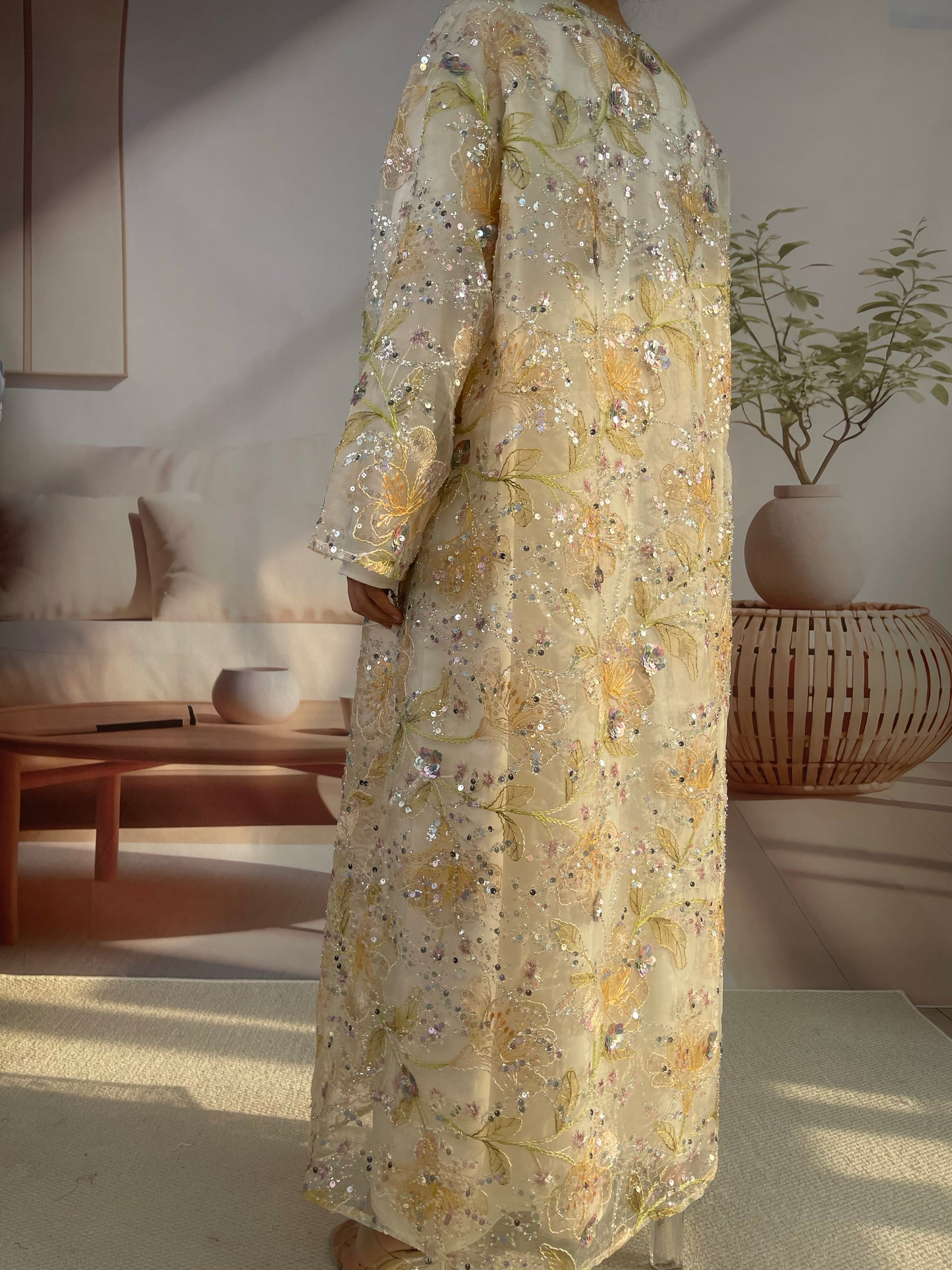 MSL894 Yellow Flowers Open Abaya Set