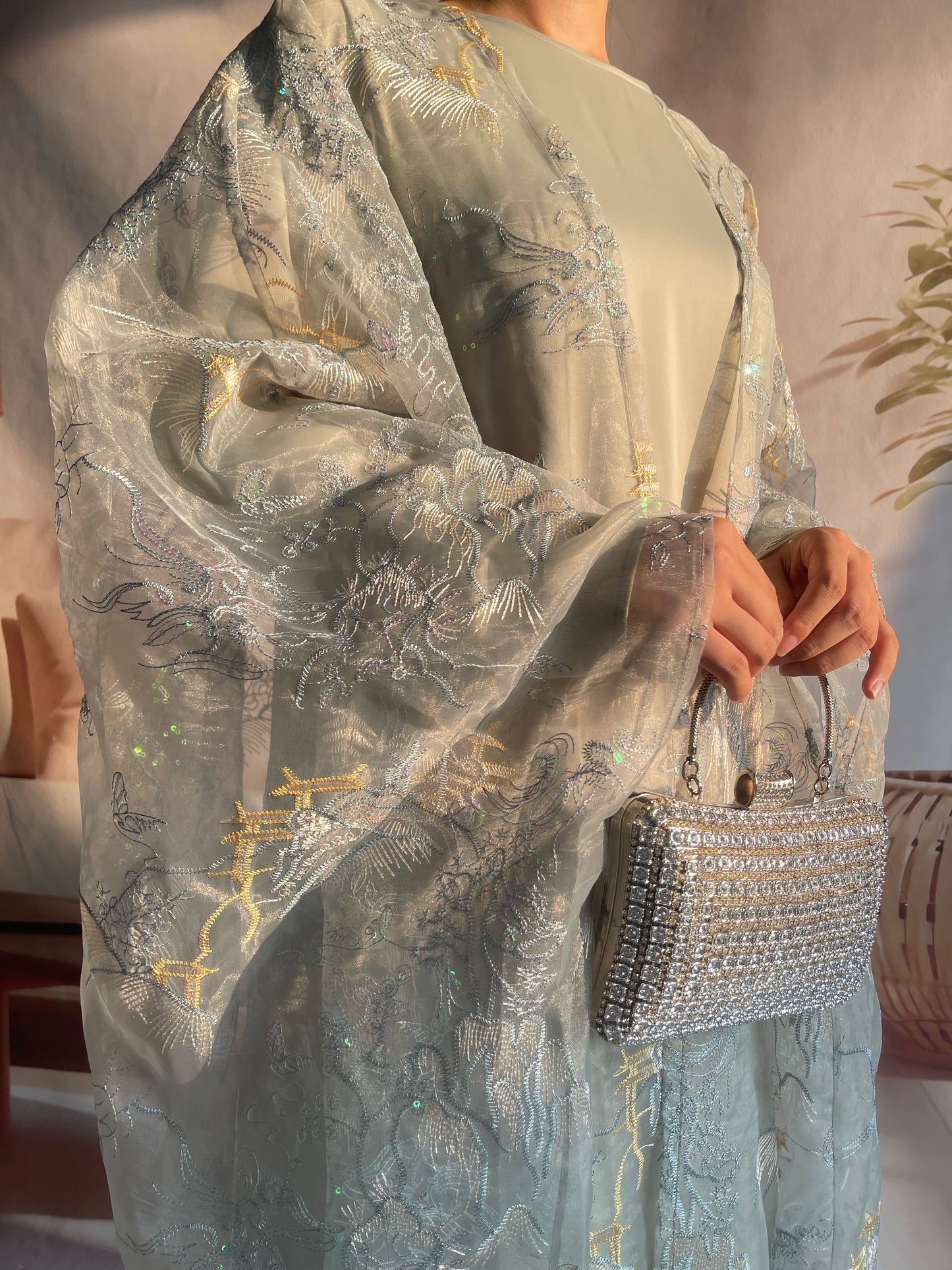 MSL899 Two-piece Set Bat-wing Embroidered Cape with a Matching Inner Dress