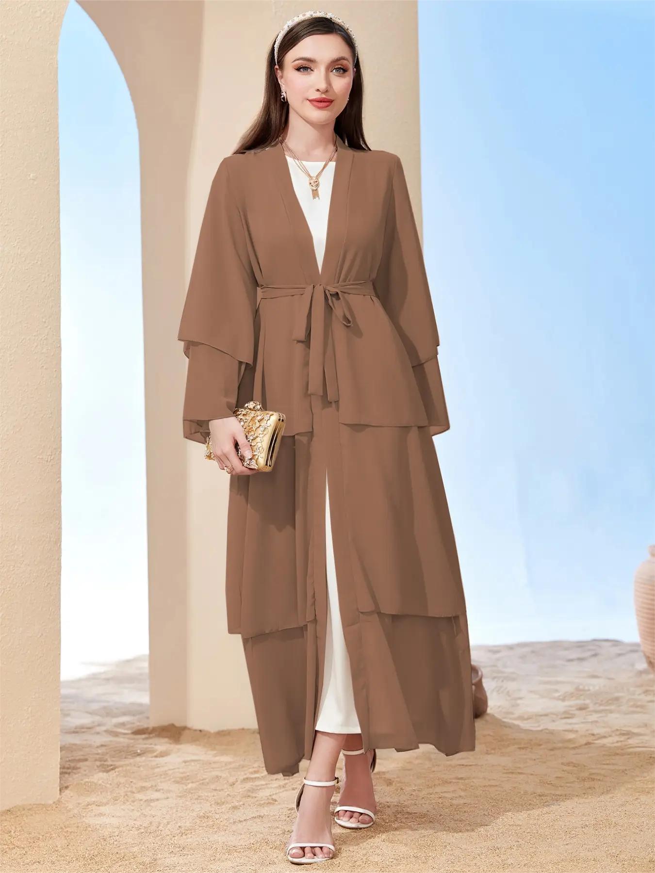 Ramadan kebaya Layered Open Front Abaya, Long Sleeve Dress With Belted , Without Hijab, Women's Clothing MSL1
