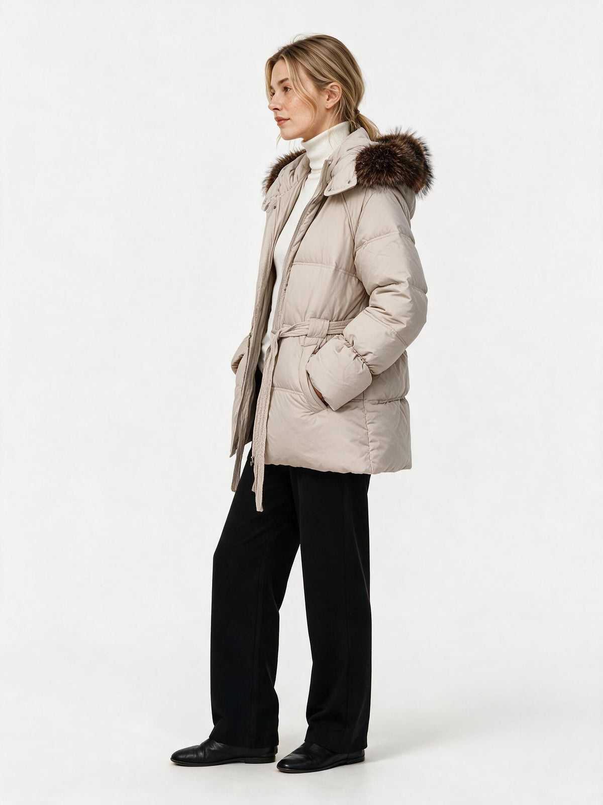 931 Puffer Jacket - High Collar, Faux Fur Trim, Zipper, Belted | Hojumbo