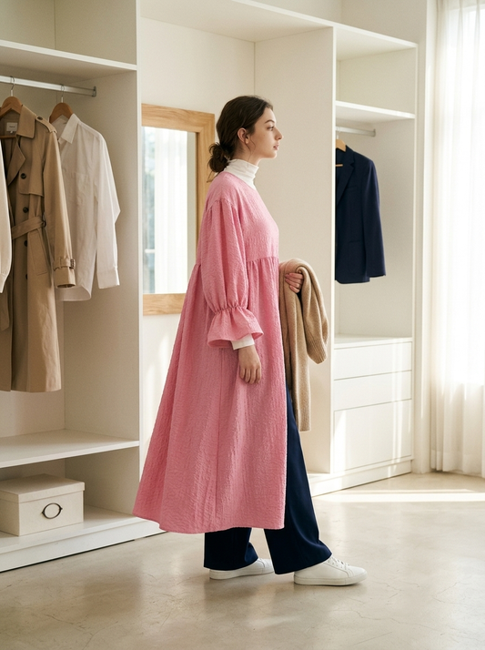 Woman in pleated abaya organizing a minimal wardrobe