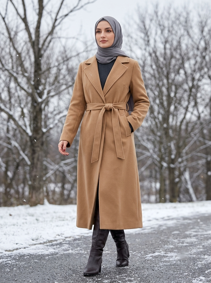 Woman in long camel wool coat walking in winter