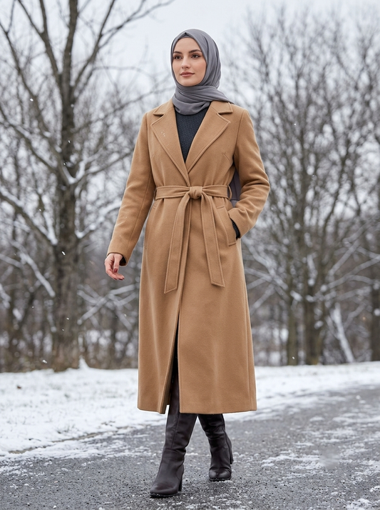Woman in long camel wool coat walking in winter