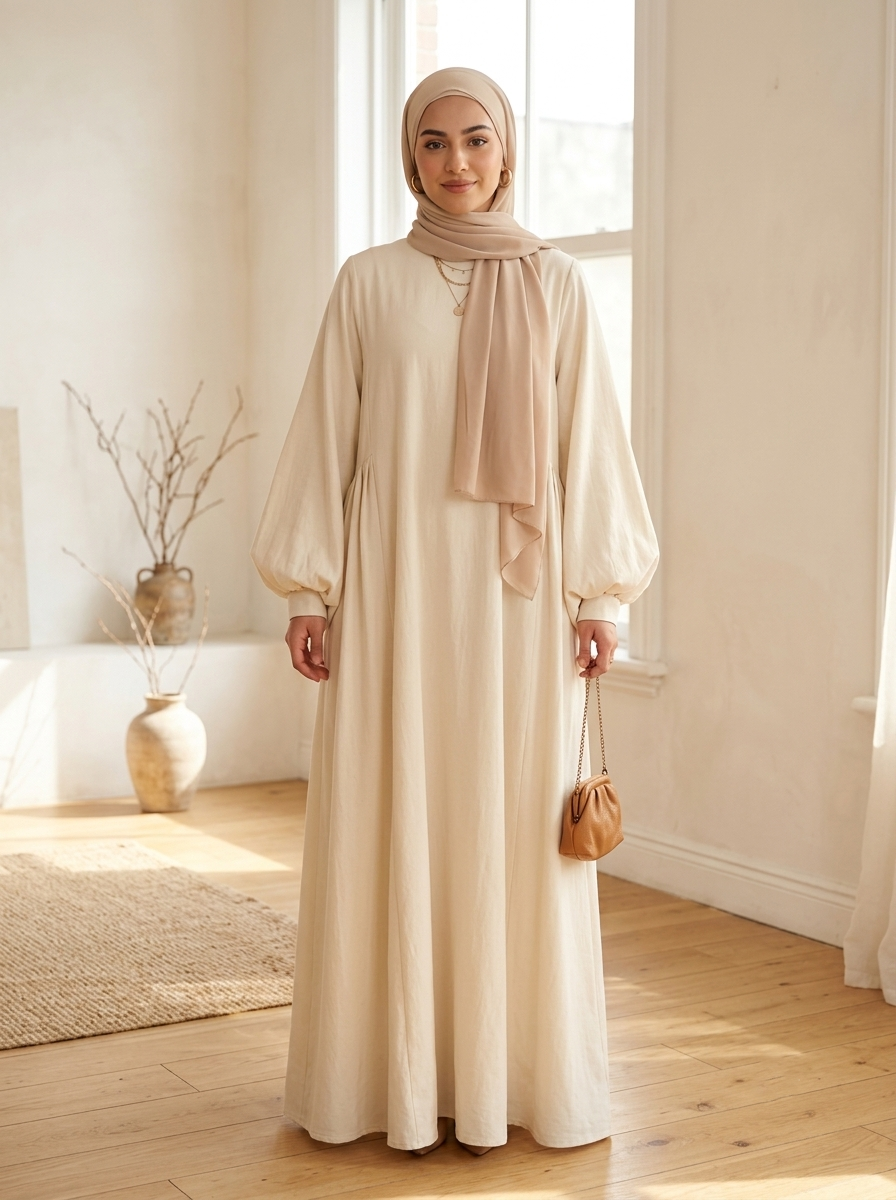 Woman in cream maxi dress in bright airy room