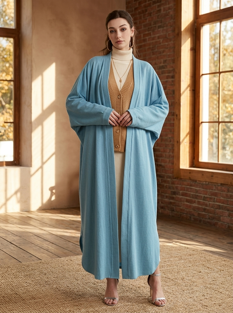 Autumn layered outfit with abaya in warm room